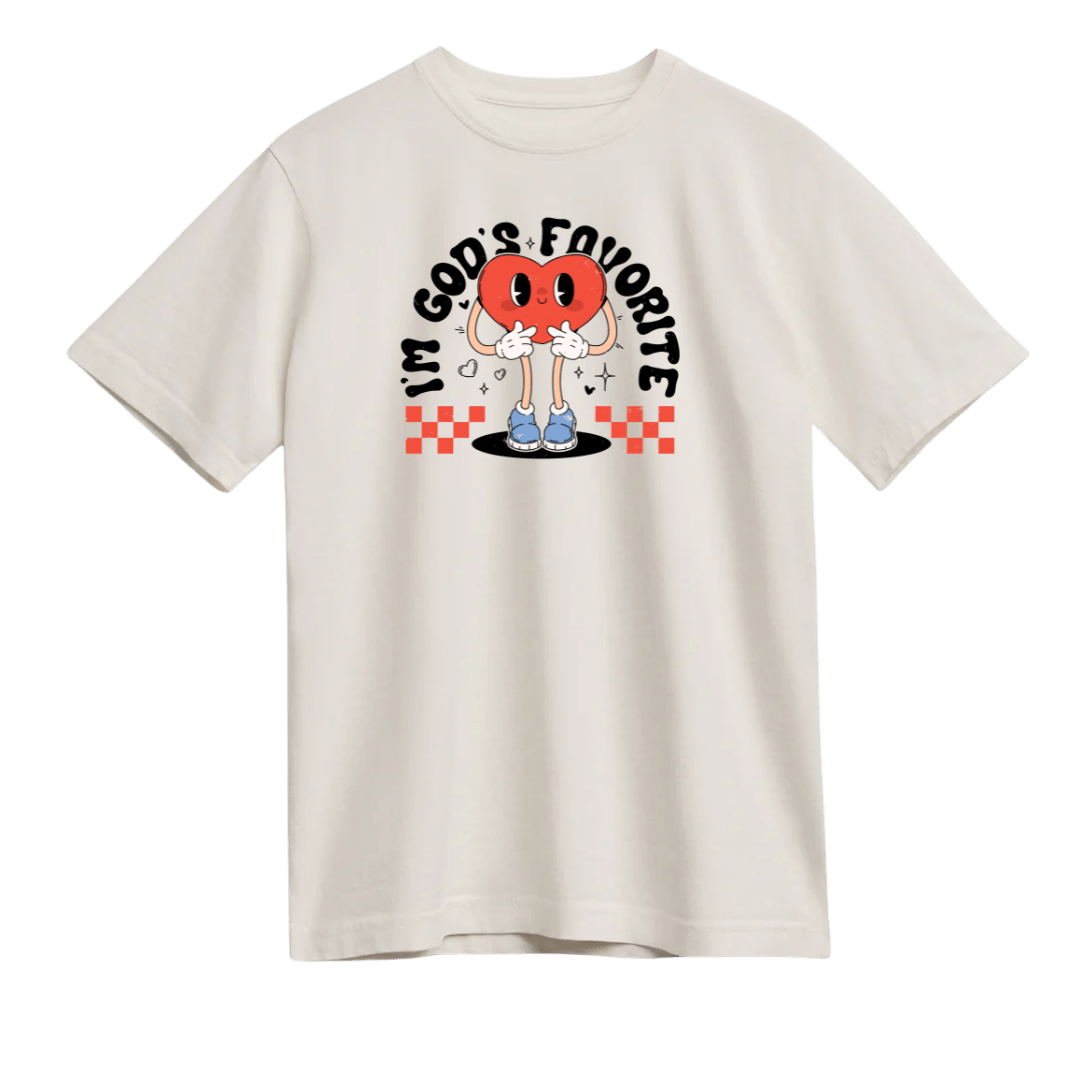Made by Yen God's Favorite vintage heart unisex T-shirt, casual apparel with a retro heart graphic, adult unisex fit.