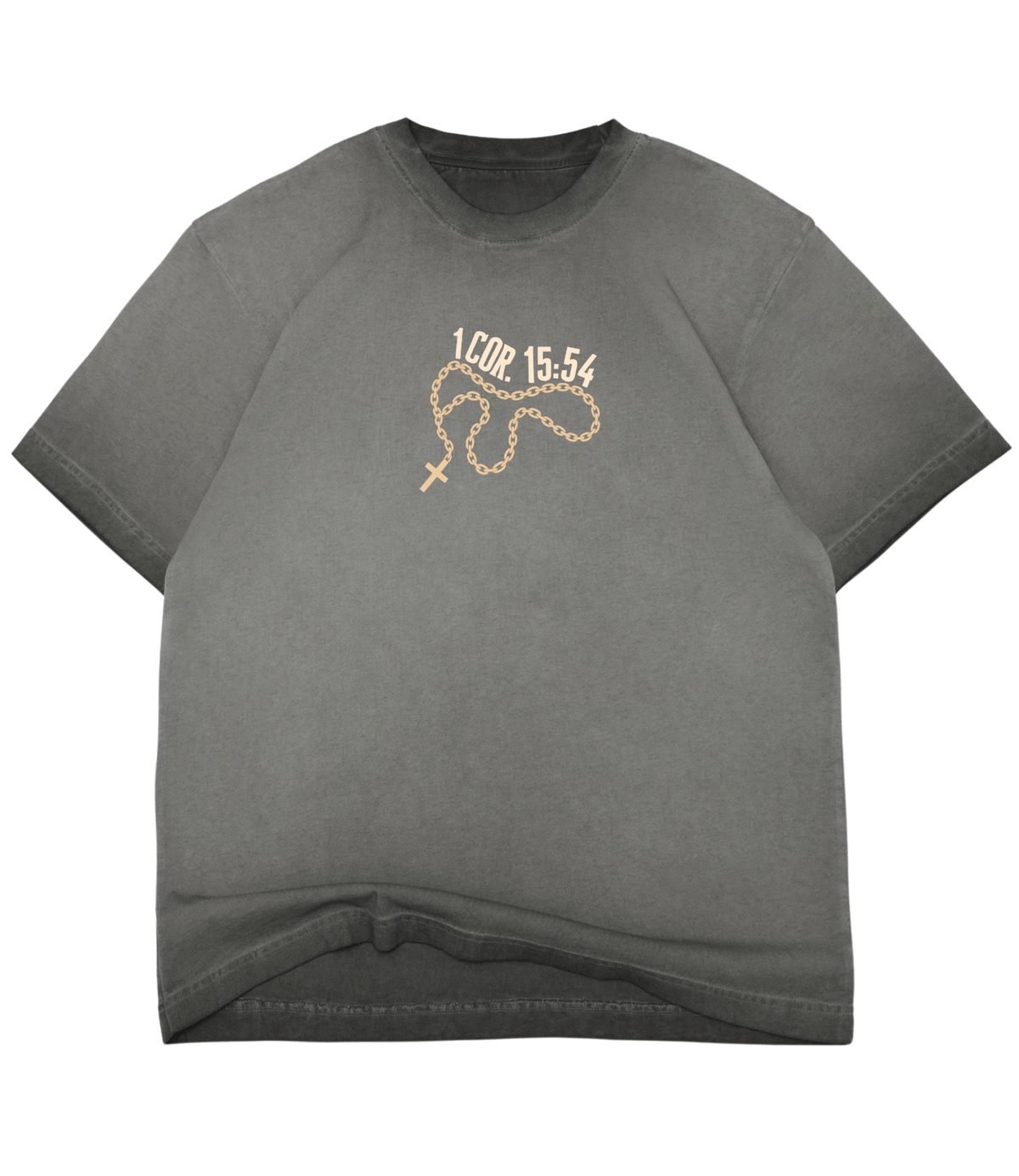 A washed charcoal gray short-sleeve t-shirt with a gold graphic on the chest depicting a rosary and the text '1 COR 15:54'.