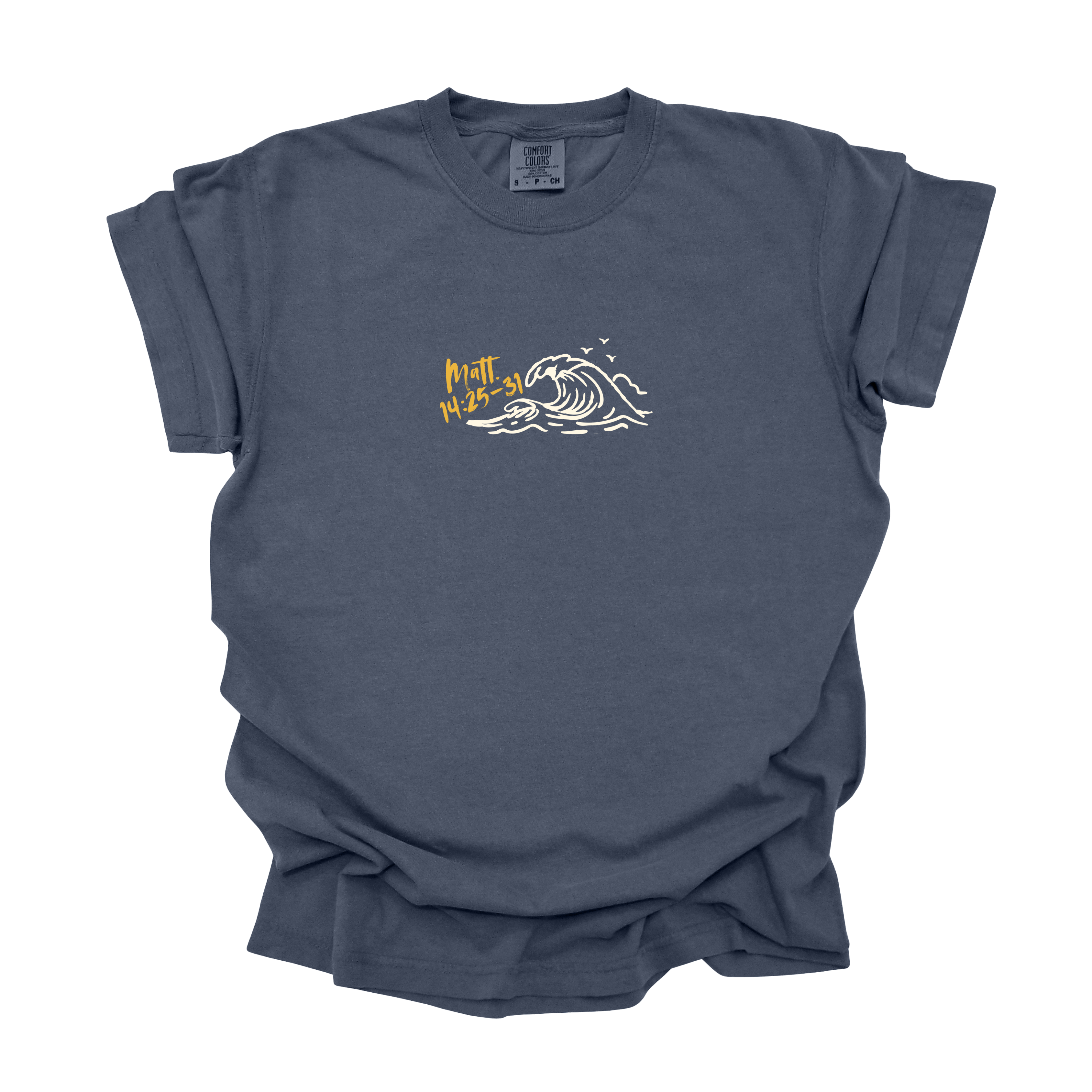 Front view of a denim blue Christian t-shirt with hand-drawn waves and 'Matt. 14:25-31' scripture reference on the chest.