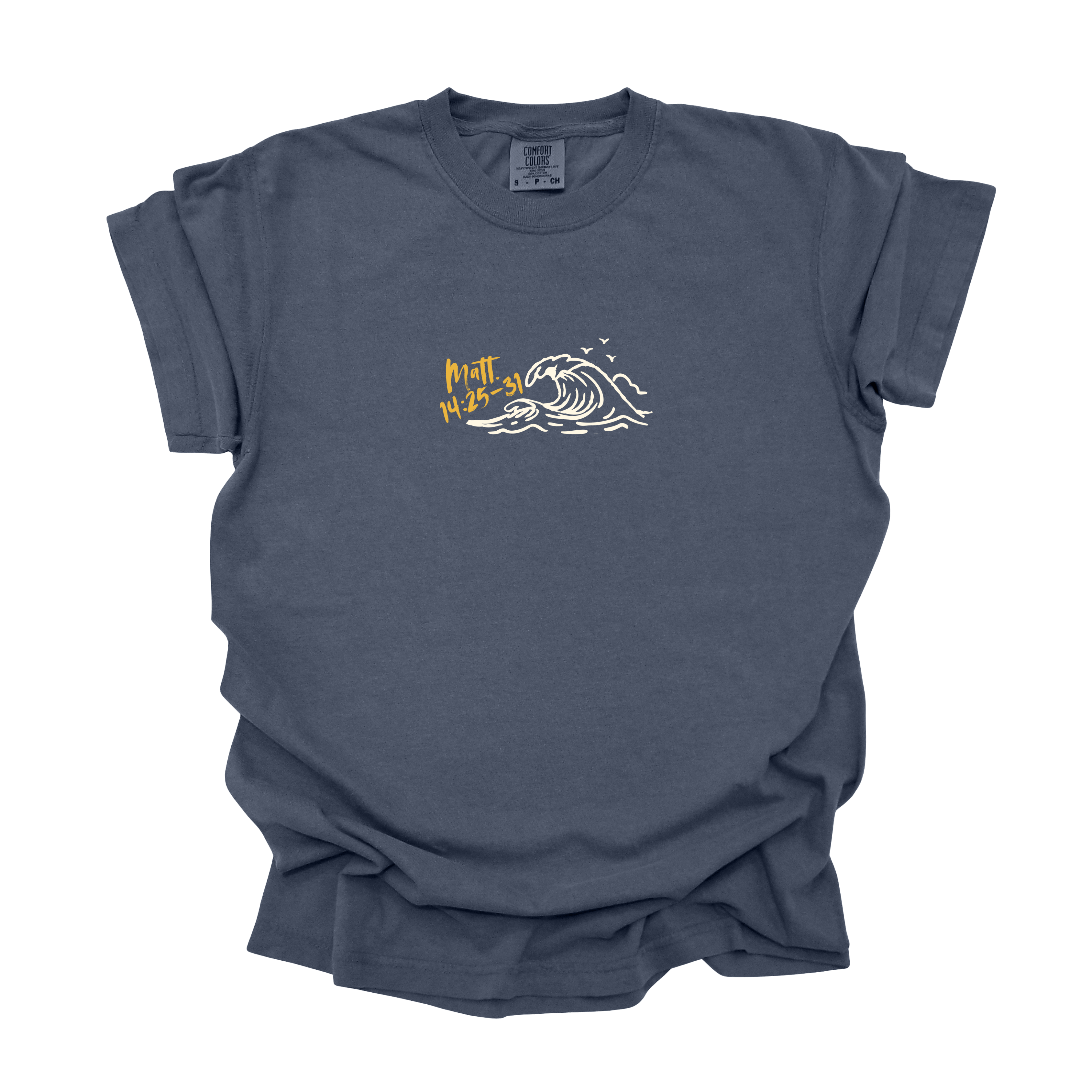 Front view of a denim blue Christian t-shirt with hand-drawn waves and 'Matt. 14:25-31' scripture reference on the chest.