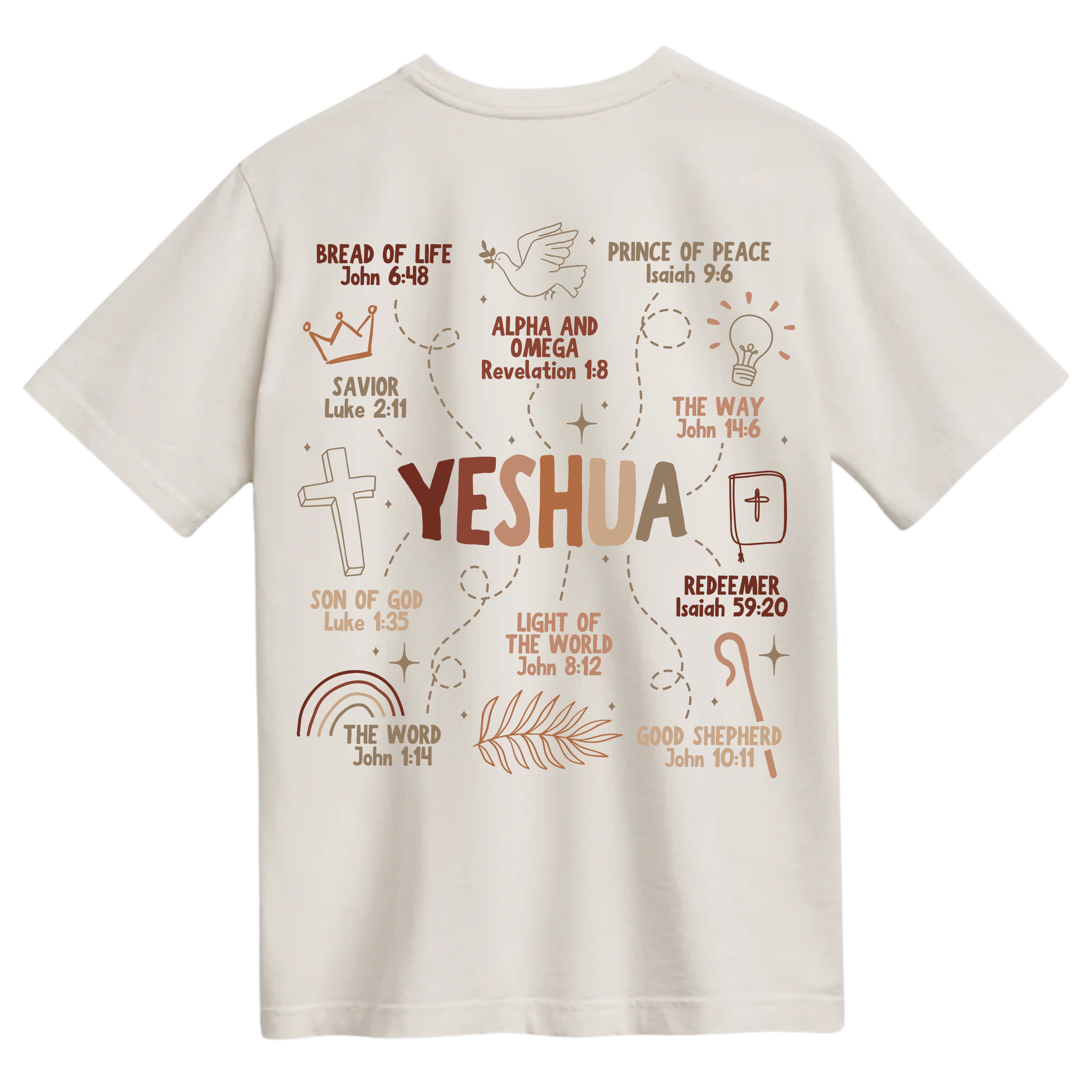 Ivory t-shirt featuring the many names of Yeshua, including Bread of Life, Light of the World, Alpha and Omega, Prince of Peace, and more, with corresponding Bible verses in a warm, earthy color palette.
