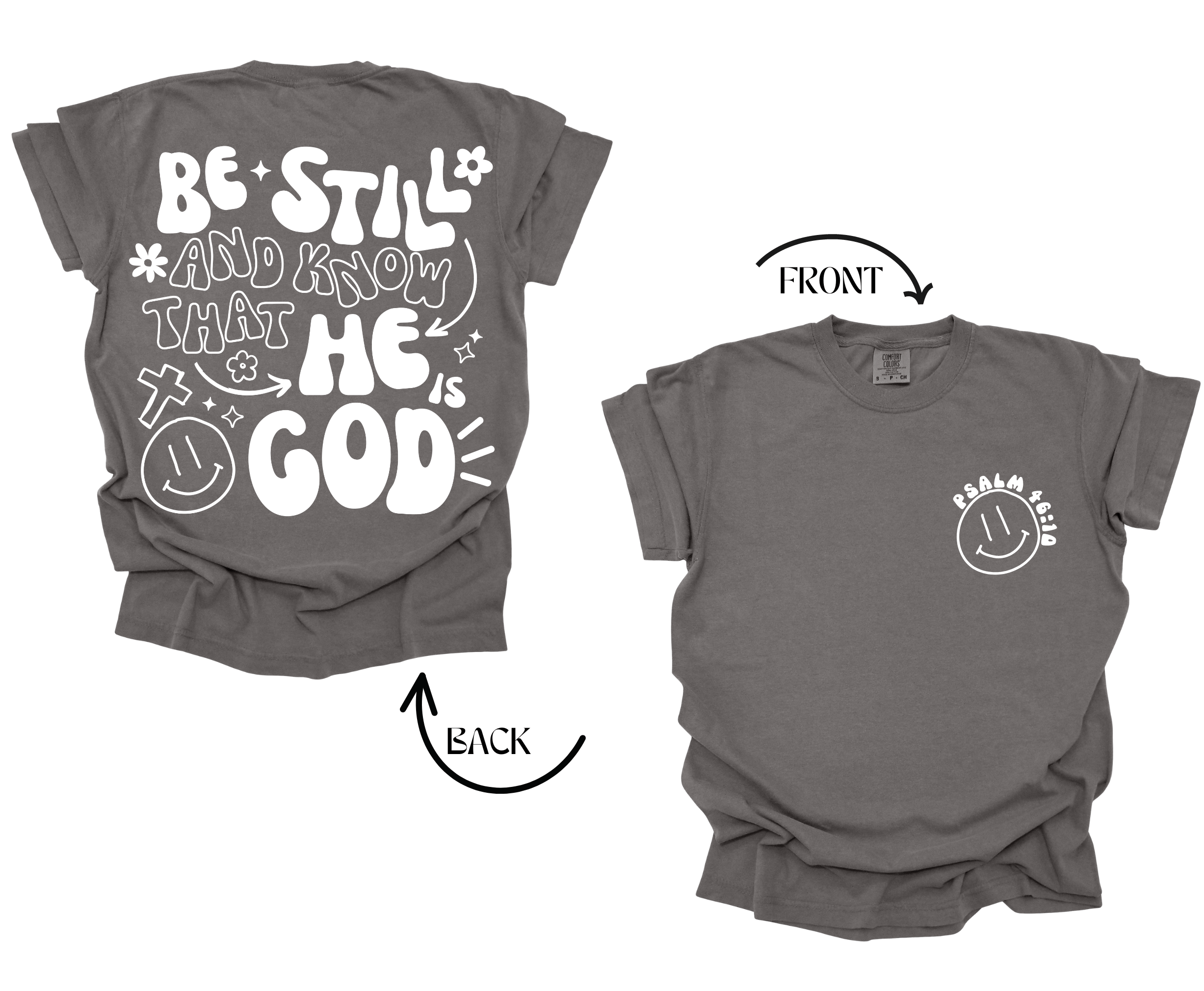 Be Still Doodles Christian Tee Front – Psalm 46:10 Comfort Colors Pepper