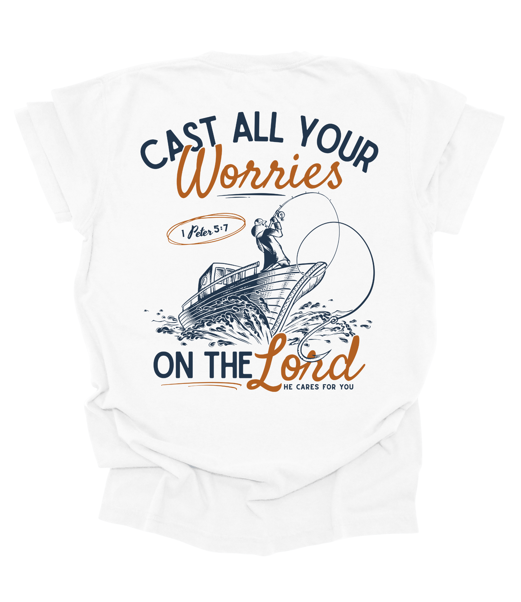 White t-shirt with religious design featuring text and a ship illustration on a white background