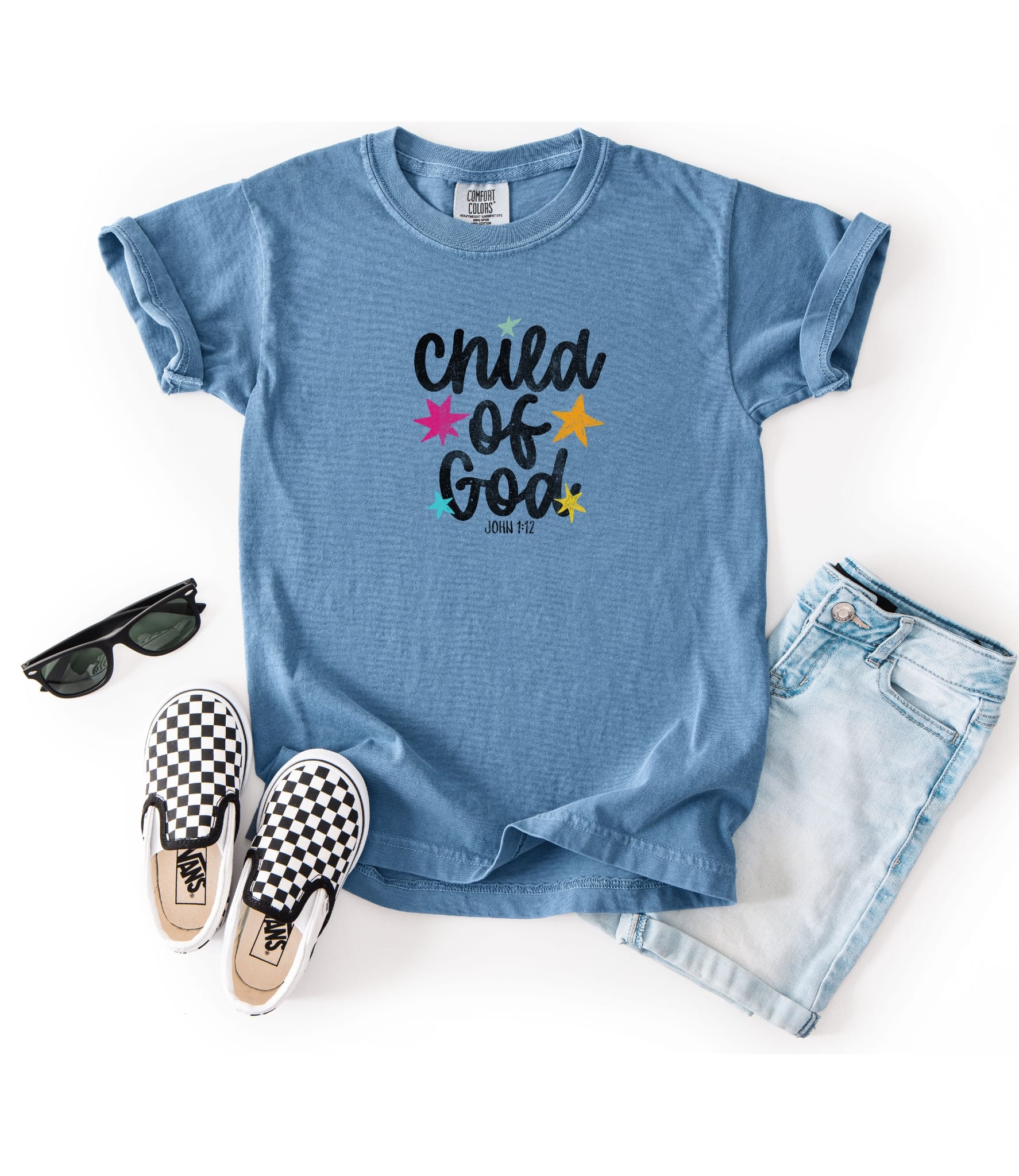 Blue children's T-shirt featuring "Child of God" and John 1:12 printed design, made by MADE BY YEN.