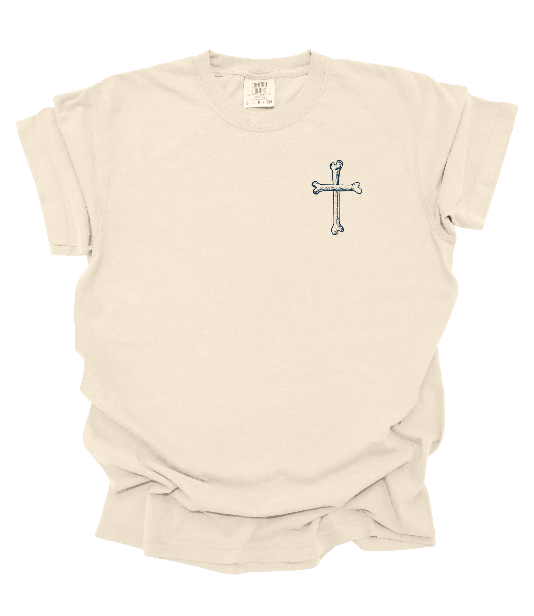 Beige t-shirt with a cross design on a white background