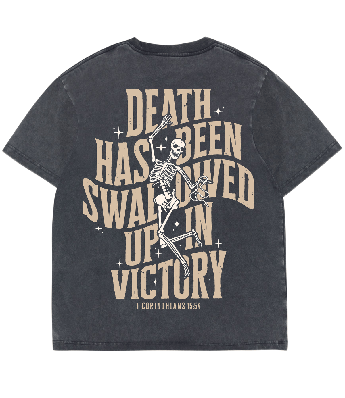 Mineral black Christian graphic tee featuring a skeleton and Death Has Been Swallowed Up in Victory from 1 Corinthians 15:54.