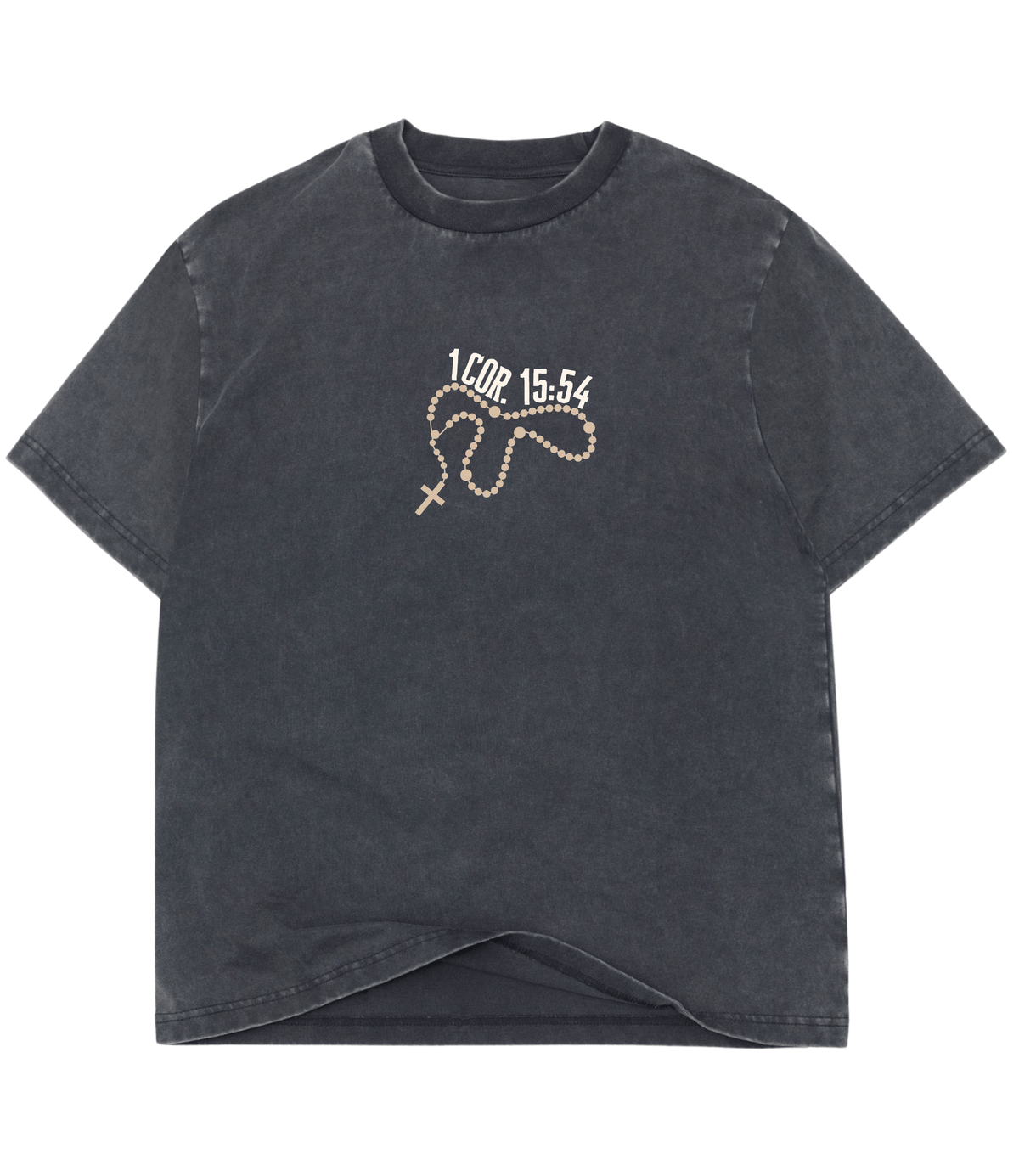 Mineral black Christian T-shirt featuring a small cross graphic and 1 Corinthians 15:54 on the front chest.