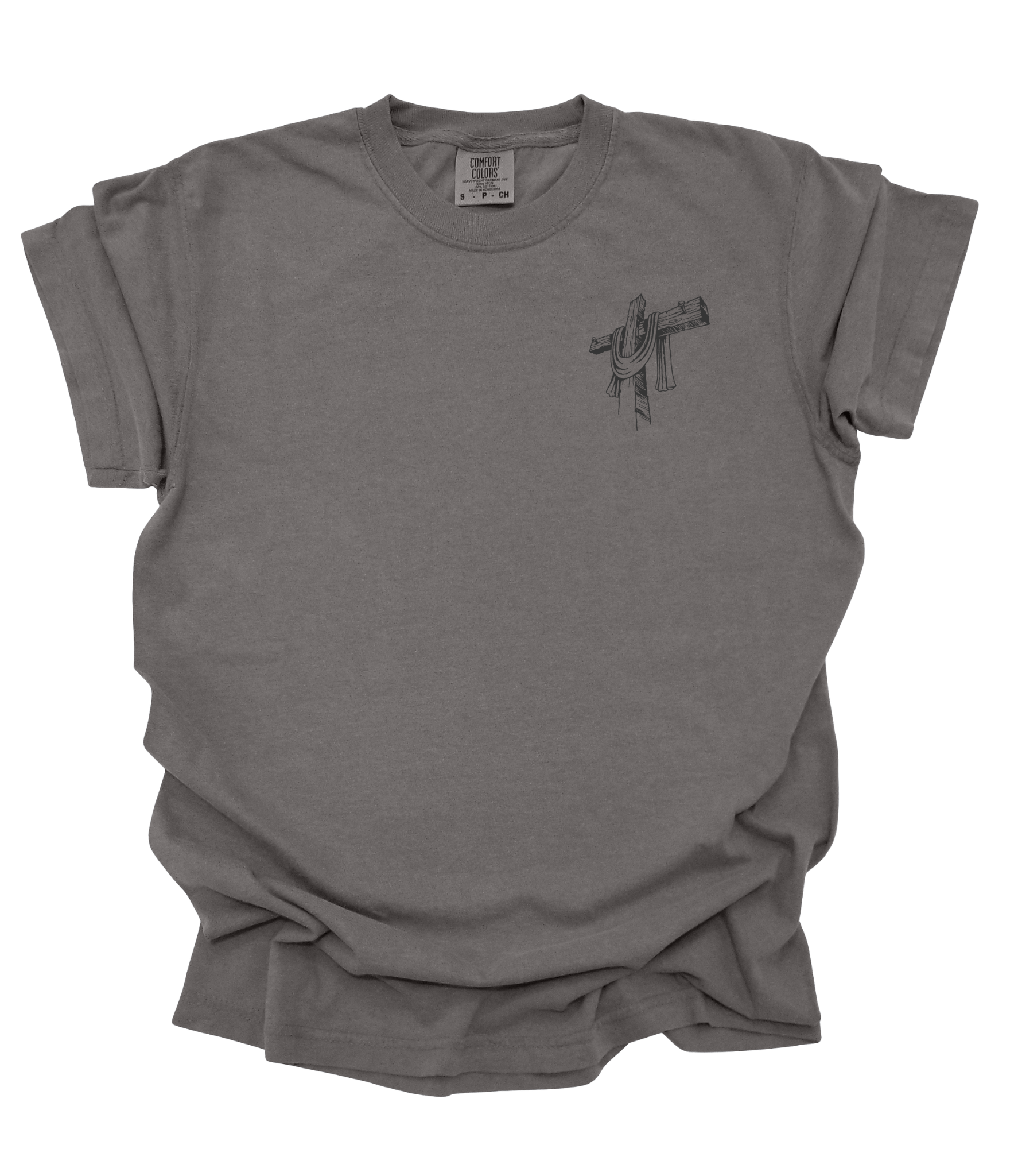Gray t-shirt with a graphic design on a white background
