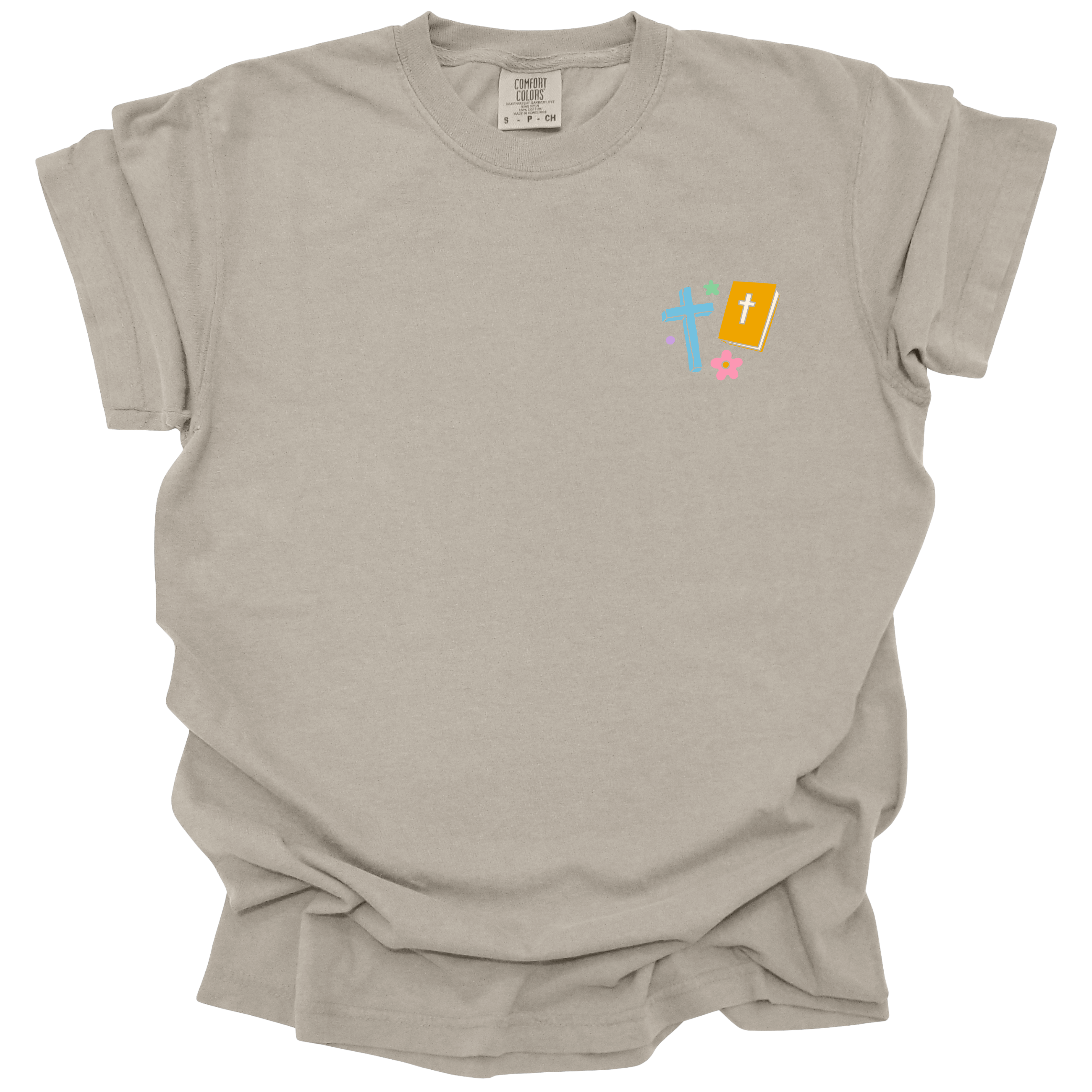 Front view of a beige Christian t-shirt with a small cross and Bible design on the chest, symbolizing faith and scripture.
