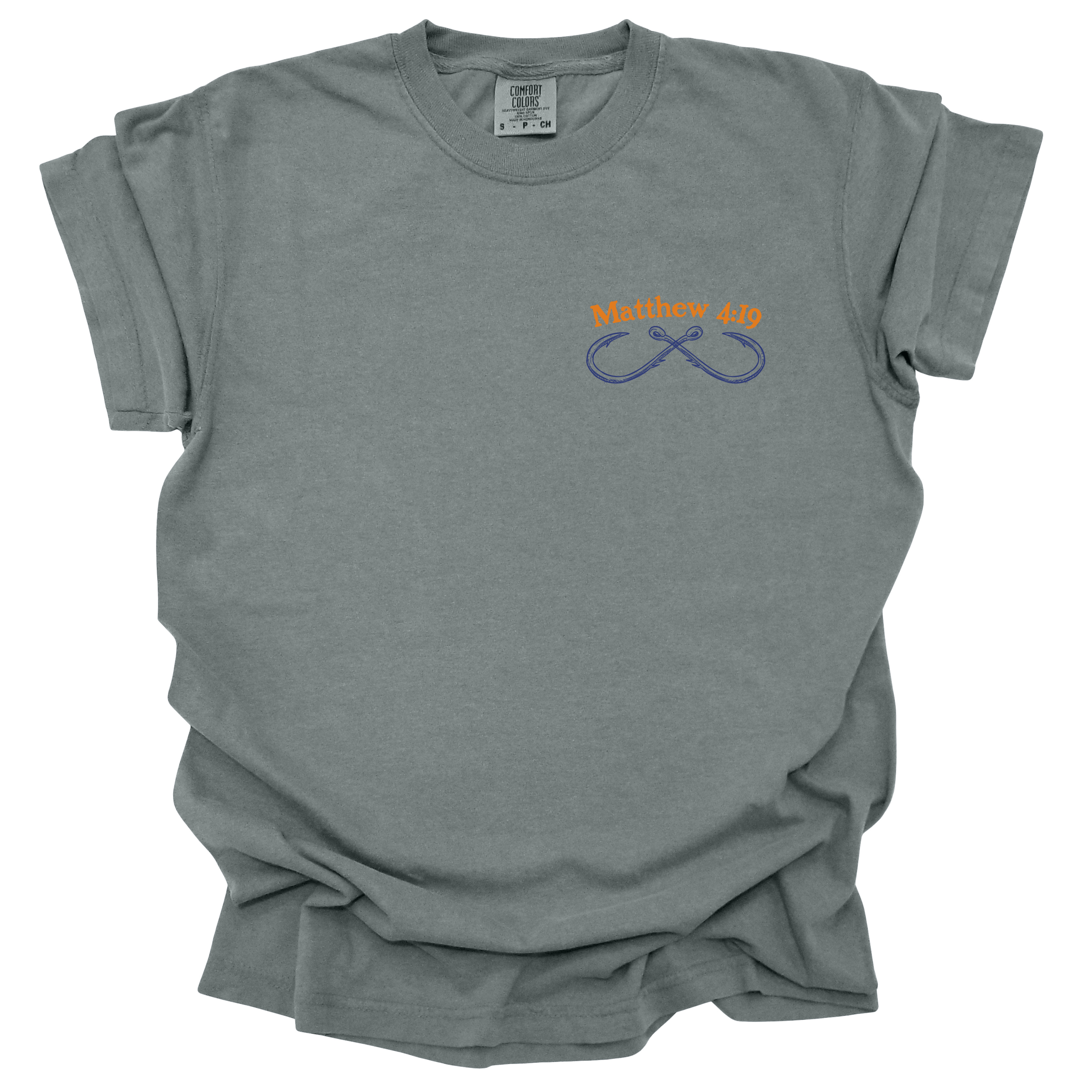 Front view of a graphite-colored Christian t-shirt with 'Matthew 4:19' and an infinity fishing hook design on the chest.