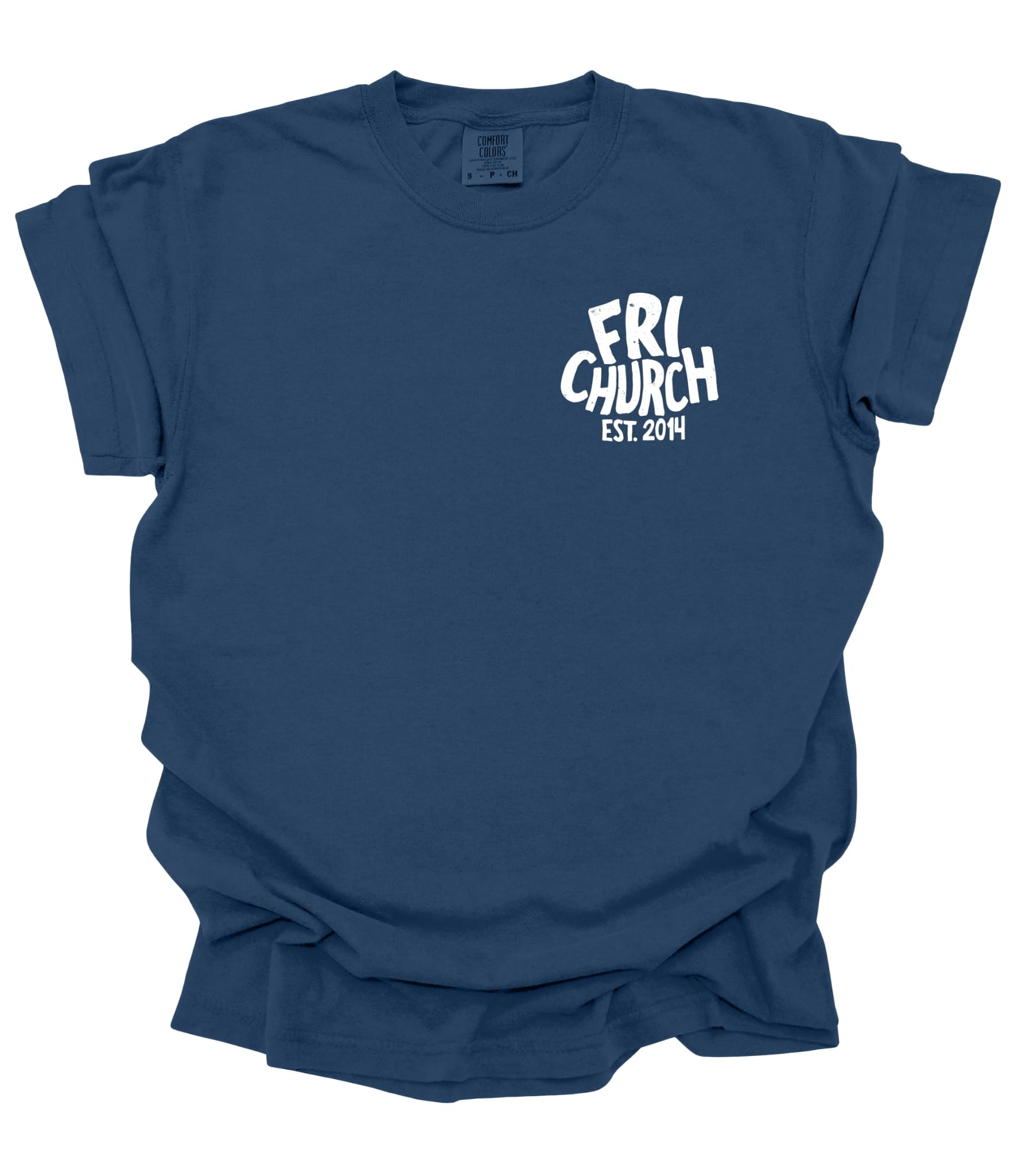 Made by Yen unisex FRI CORE TEE with flowing river graphic on front, in true navy color, adult casual apparel.