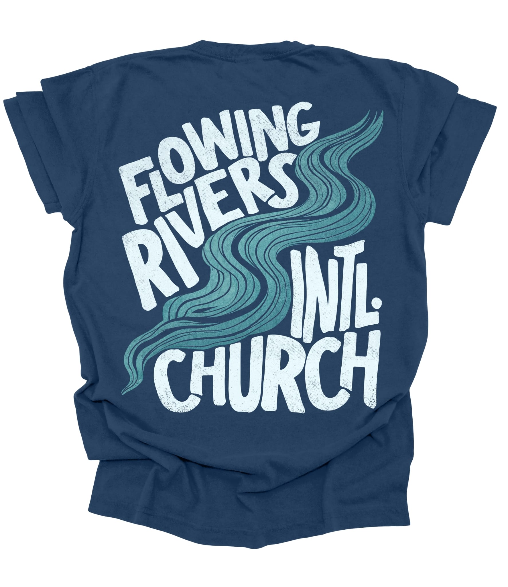 Unisex navy blue FRI CORE TEE from MADE BY YEN featuring a flowing river design on the back, casual adult apparel.