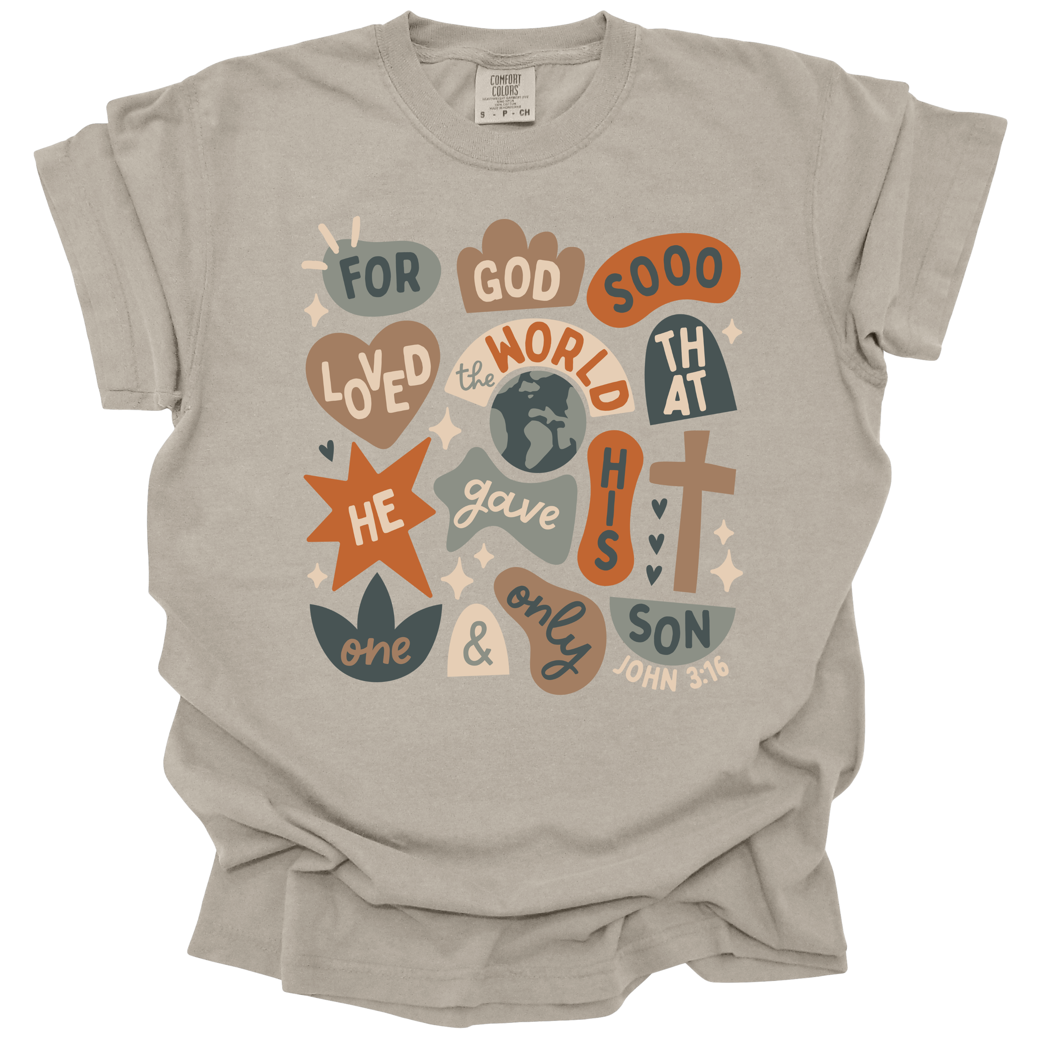 Front view of a sand-colored Christian t-shirt with a hand-lettered John 3:16 verse in a retro, earthy-toned design.