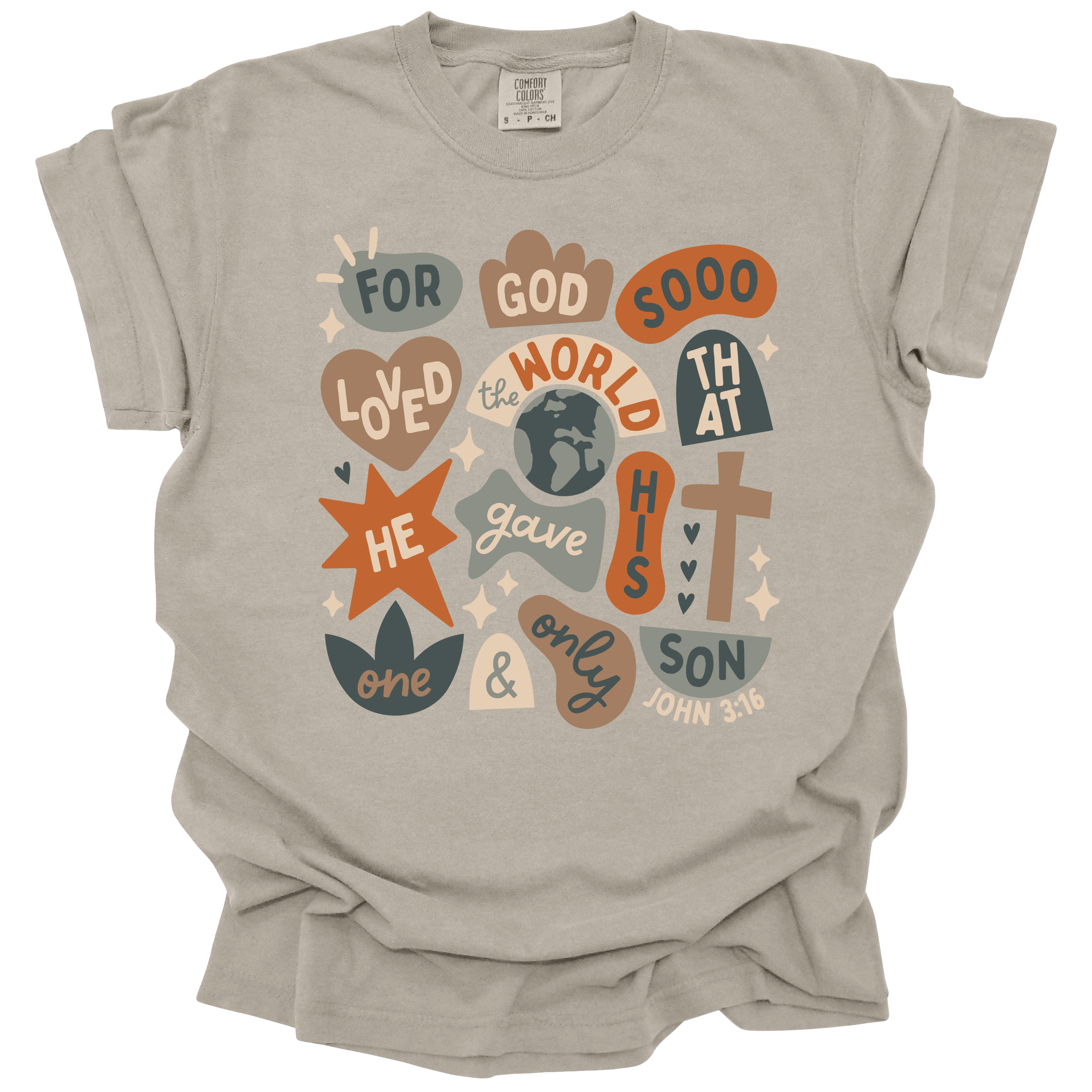 Front view of a sand-colored Christian t-shirt with a hand-lettered John 3:16 verse in a retro, earthy-toned design.