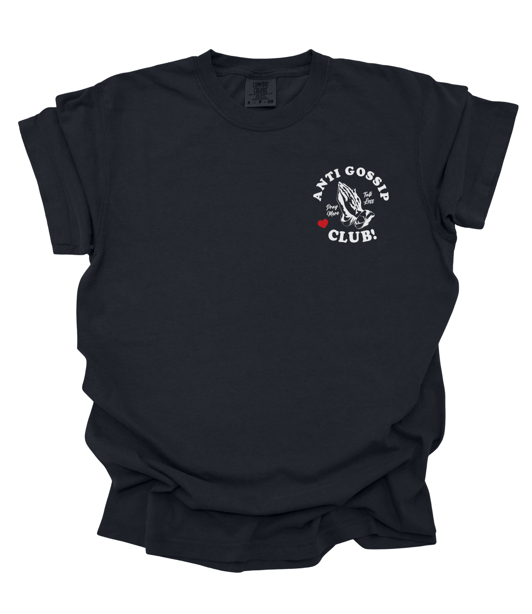 Black t-shirt with 'Anti Gossip Club' graphic on a white background