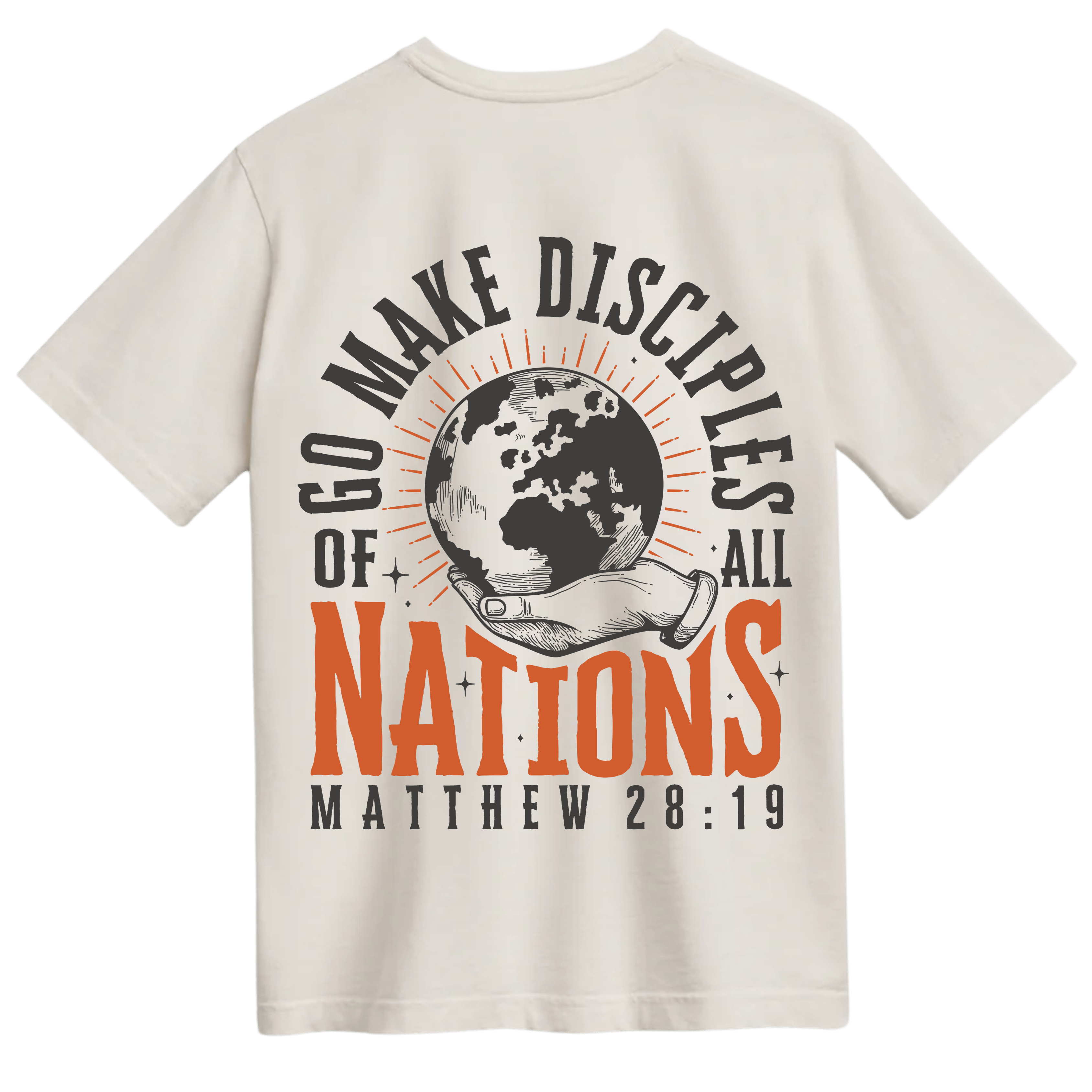 Go Make Disciples Tee in Vintage White featuring "Matt 28:19" on the front and a bold back design with the globe and the words "Go Make Disciples of All Nations." Oversized, unisex fit on a soft, pre-shrunk cotton tee.