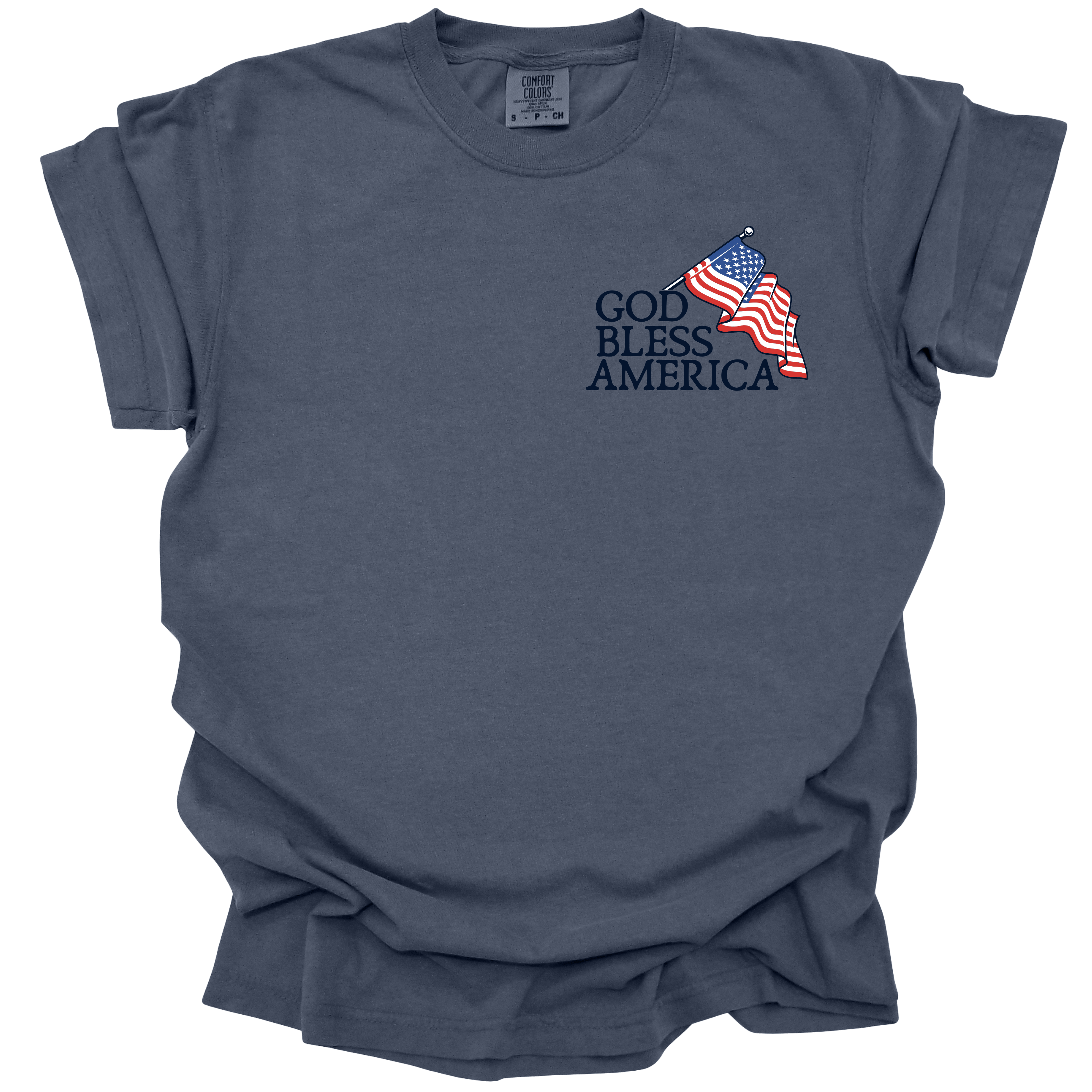 Washed Denim t-shirt with a small American flag graphic and the words "God Bless America" in bold navy and red.