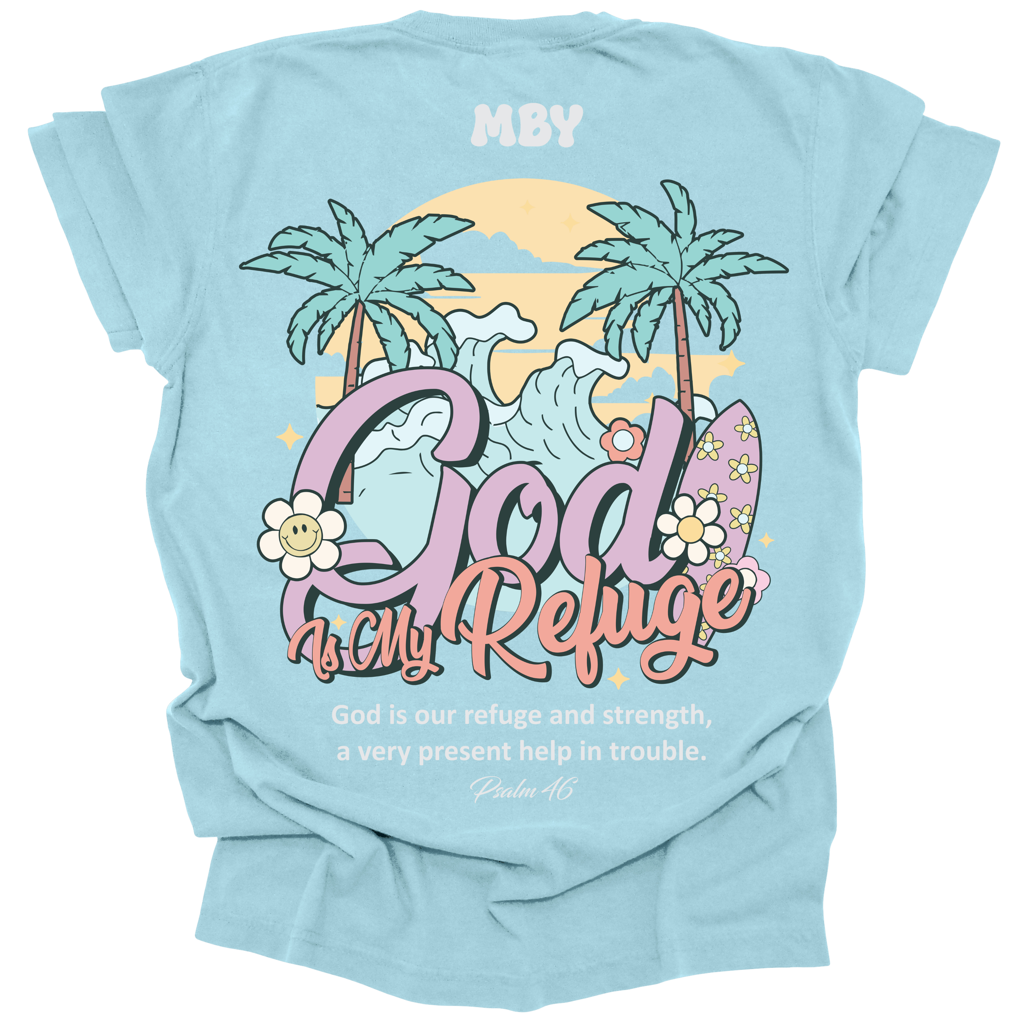 t-shirt featuring a large tropical scene with palm trees, waves, and surfboards, along with the words "God Is My Refuge" and the verse Psalm 46.