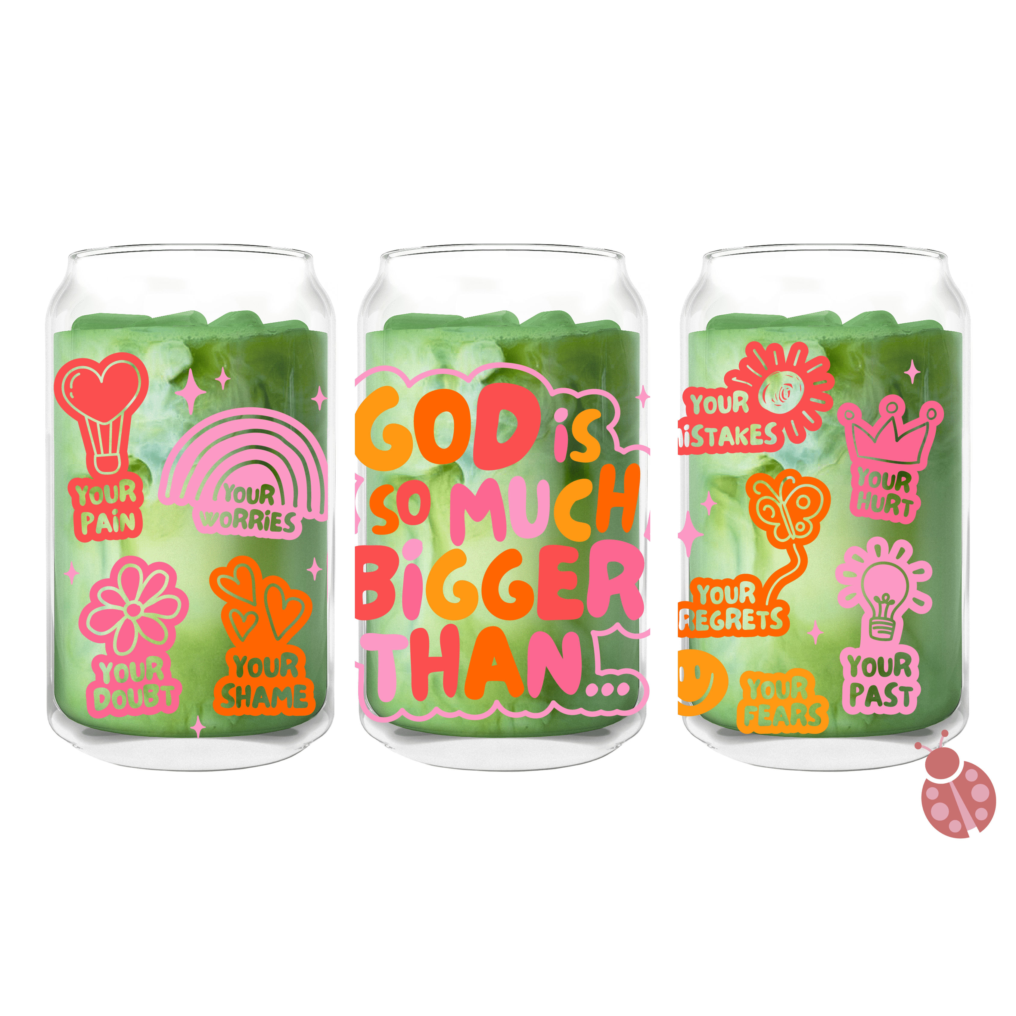 Faith-inspired 16oz glass cup with colorful hand-drawn Bible verses and doodles, featuring a bamboo lid and glass straw.