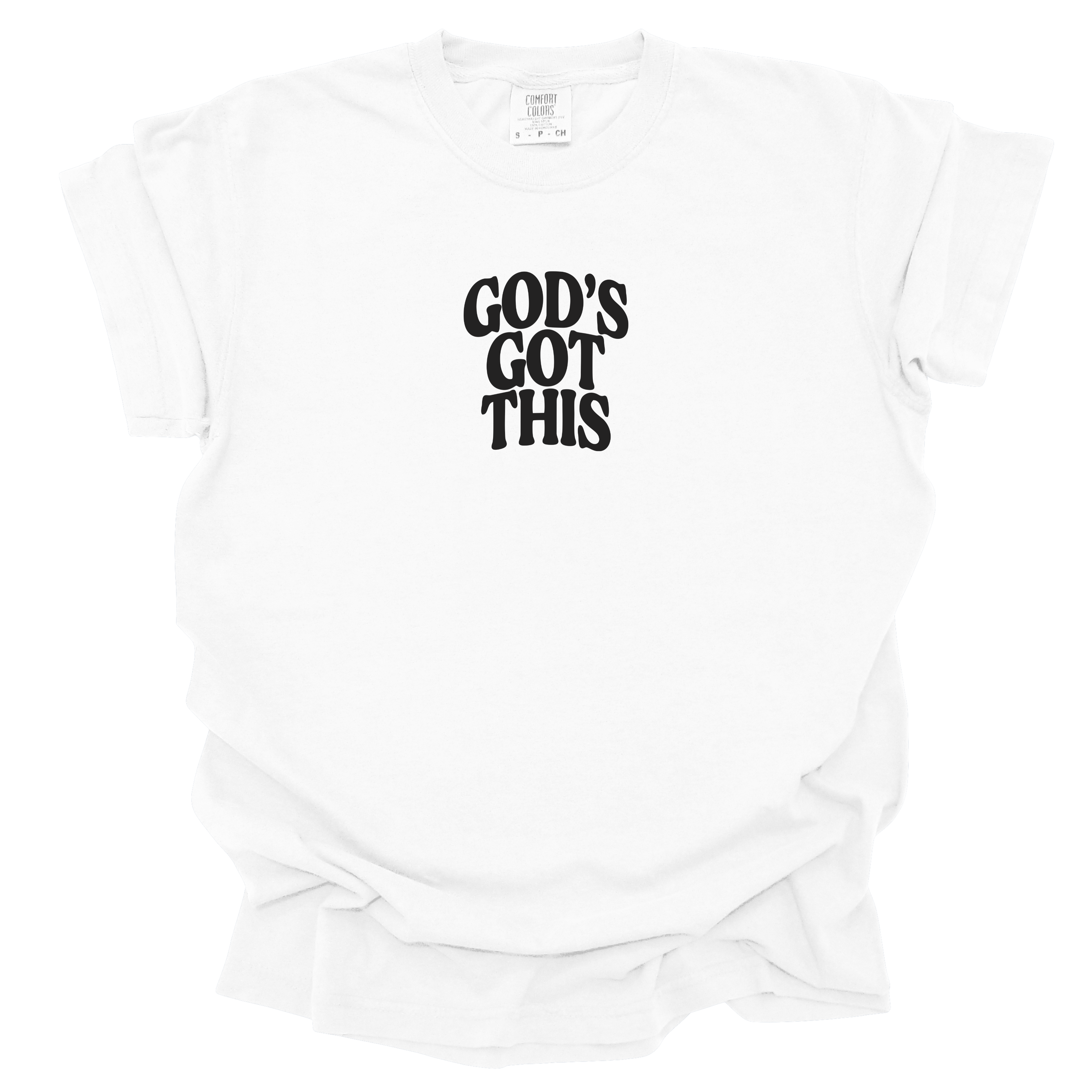God’s Got This Tee in Black and White featuring bold front text and Joshua 1:9 on the back with doves. Oversized, unisex fit on a soft, pre-shrunk cotton tee.