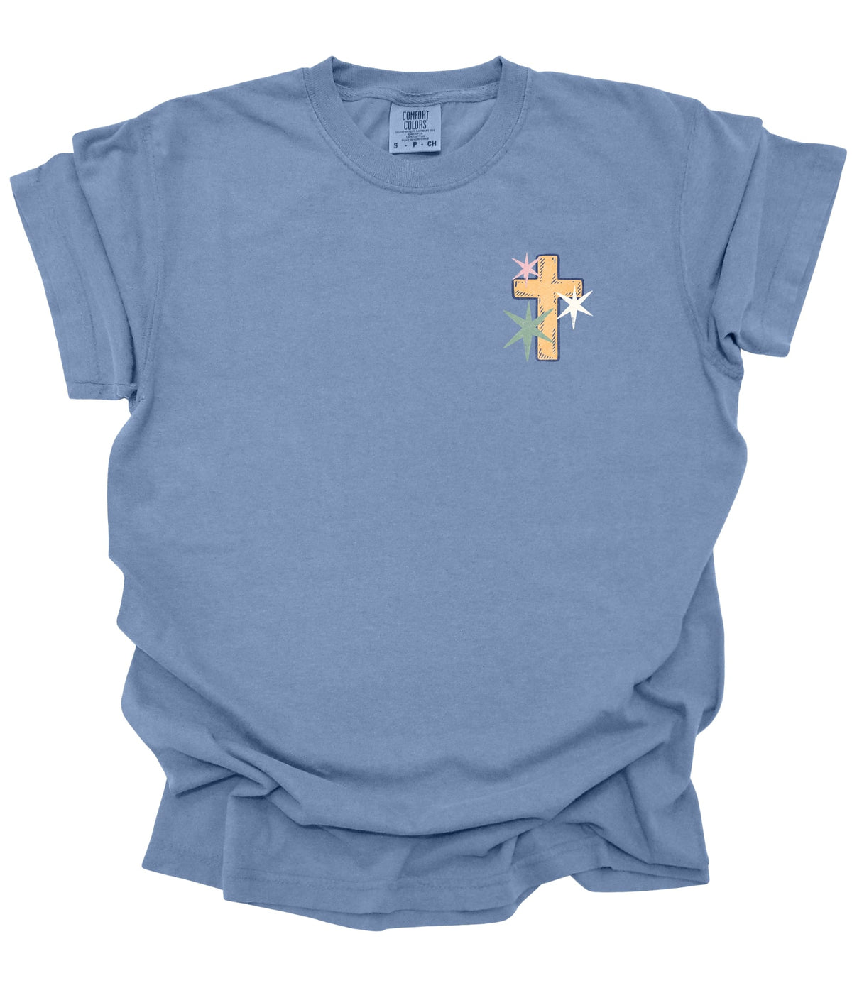 A heathered blue short-sleeve t-shirt with a small graphic on the left chest featuring a gold cross, a green star, and a white star, displayed on a clean white background.