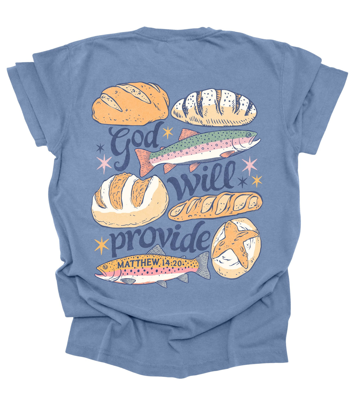A blue short-sleeve t-shirt shown from the back, featuring a colorful graphic print of bread loaves, fish, and the text 'God will provide MATTHEW 14:20' with small star accents.