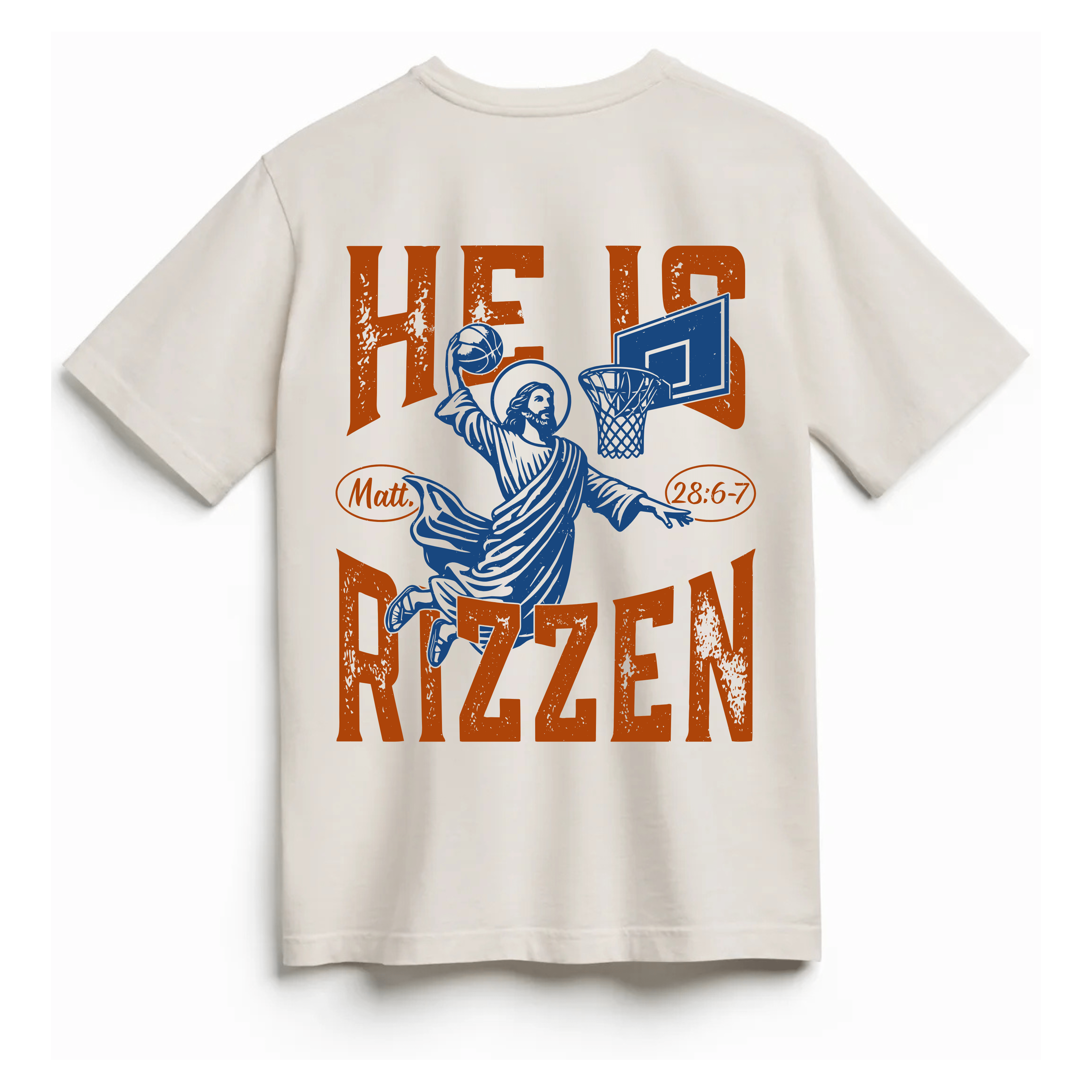 Back view of a Christian t-shirt featuring 'He Is Rizz-en' with Jesus dunking a basketball, inspired by Matthew 28:6-7.