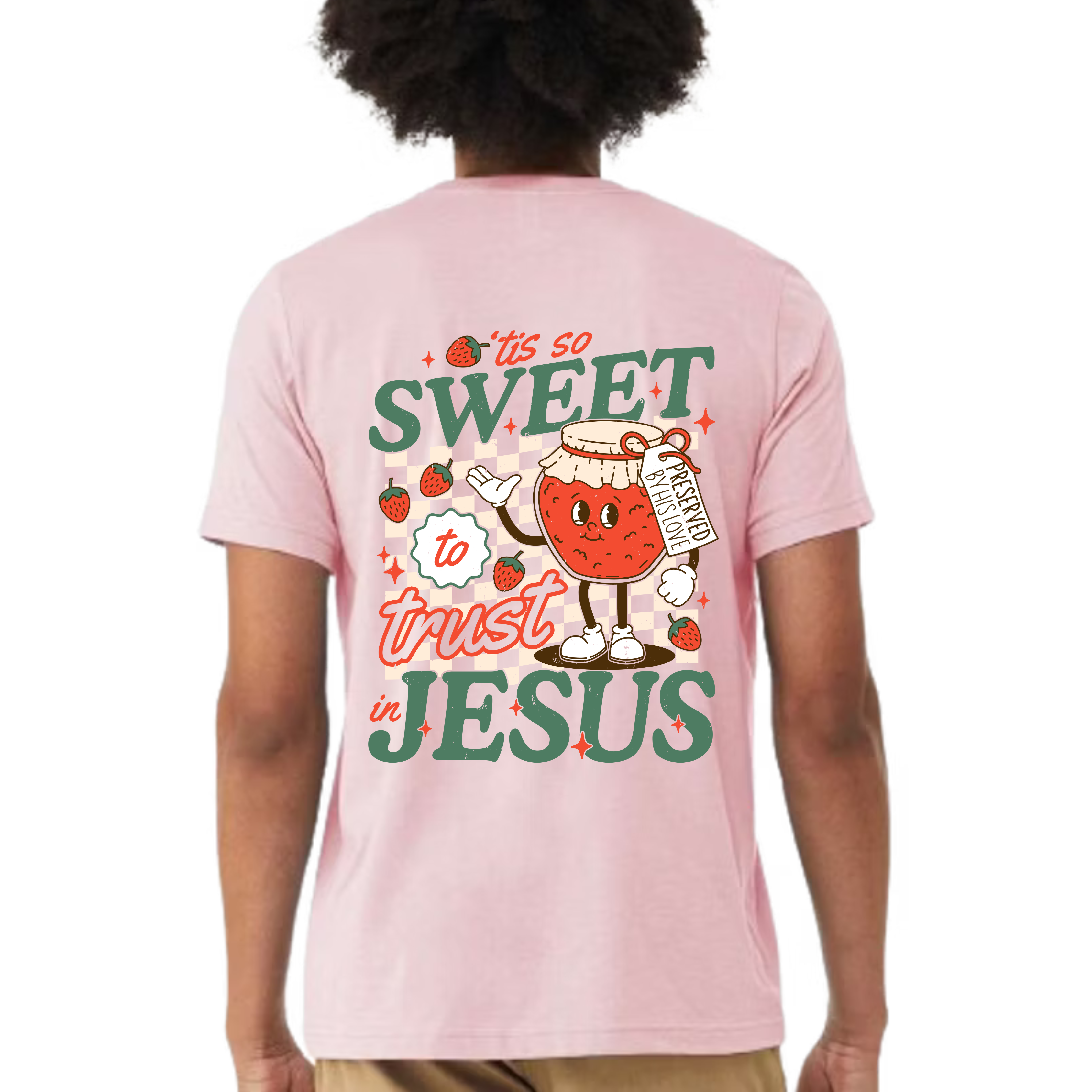 Heather pink version of the '’Tis So Sweet' Christian t-shirt featuring a retro jam-themed faith message.