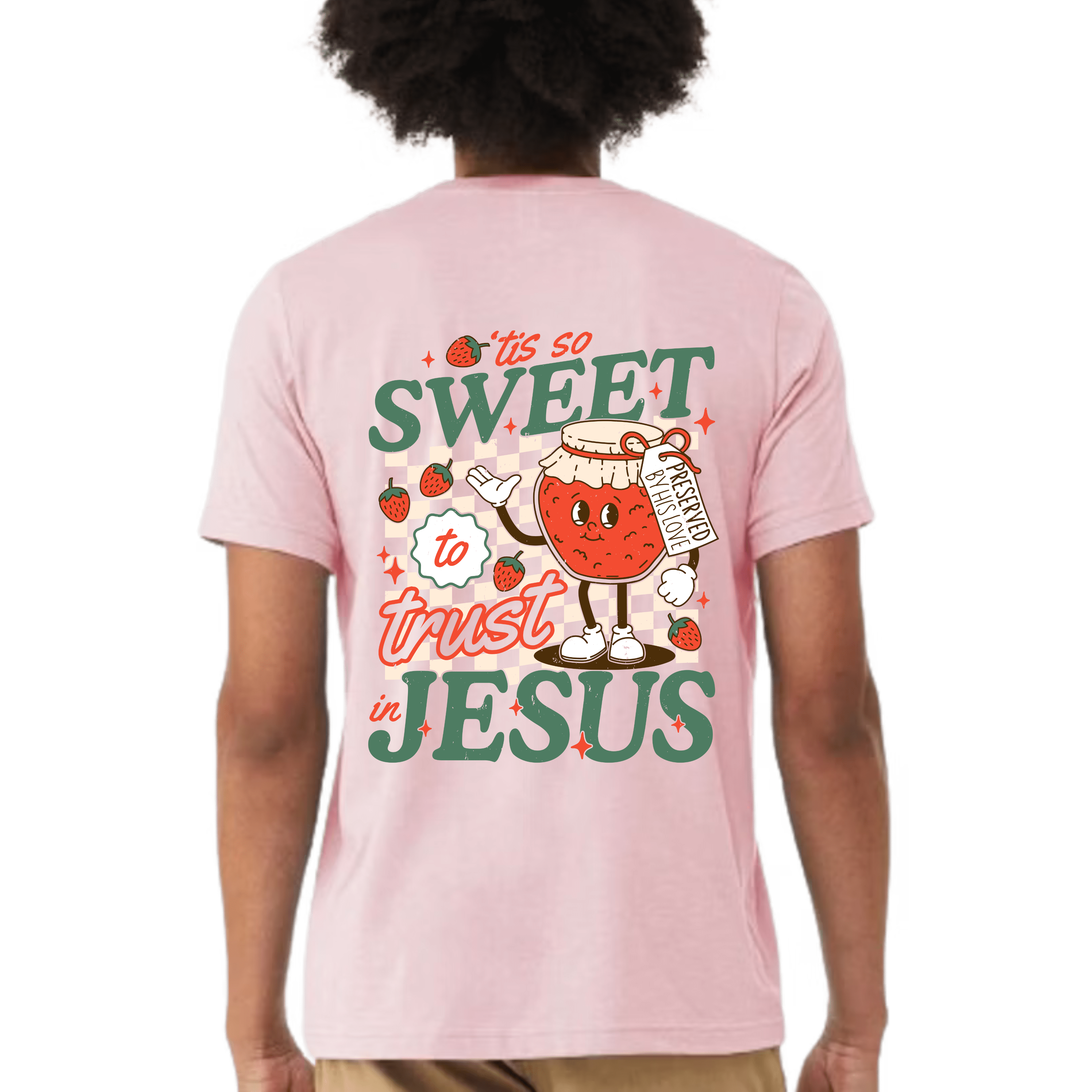 Heather pink version of the '’Tis So Sweet' Christian t-shirt featuring a retro jam-themed faith message.