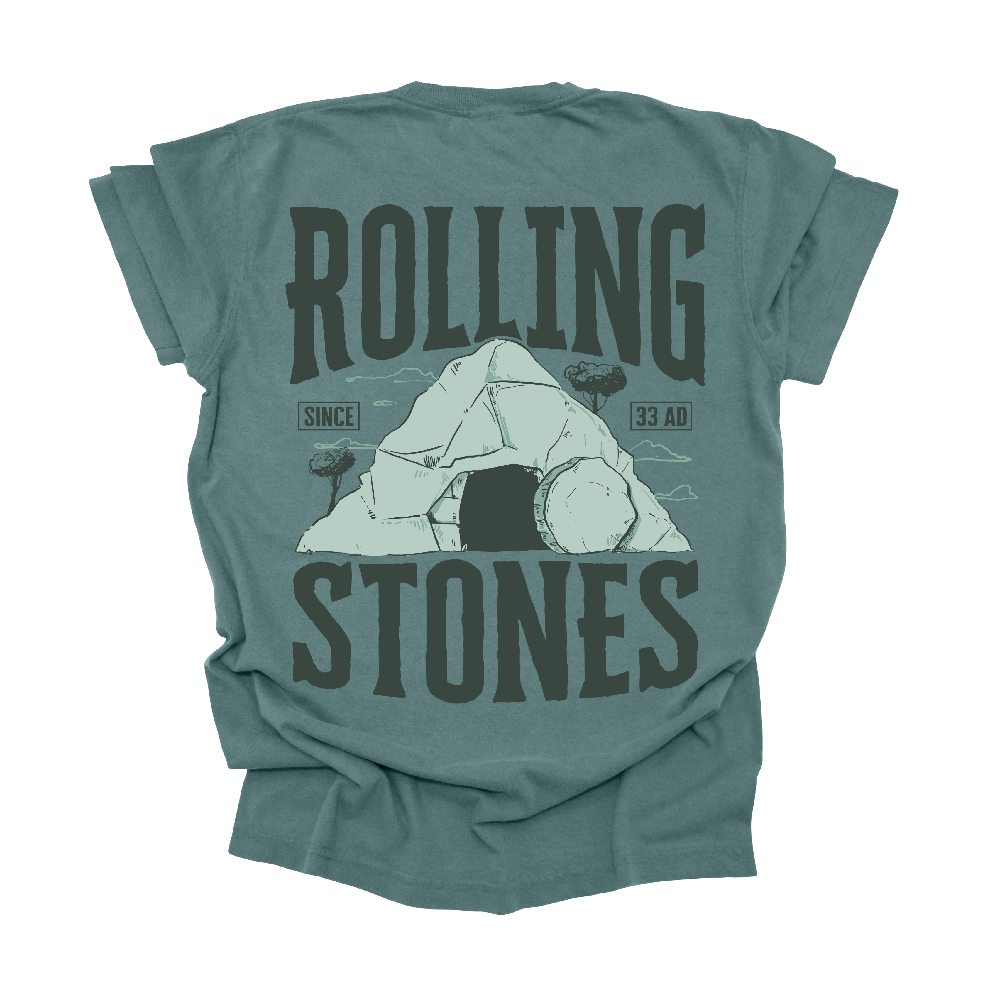 Rolling Stones Tee in Willow featuring "He Is Risen" on the front and "Rolling Stones Since 33 A.D." on the back, inspired by the resurrection of Jesus. Oversized, unisex fit on a soft, pre-shrunk cotton tee.