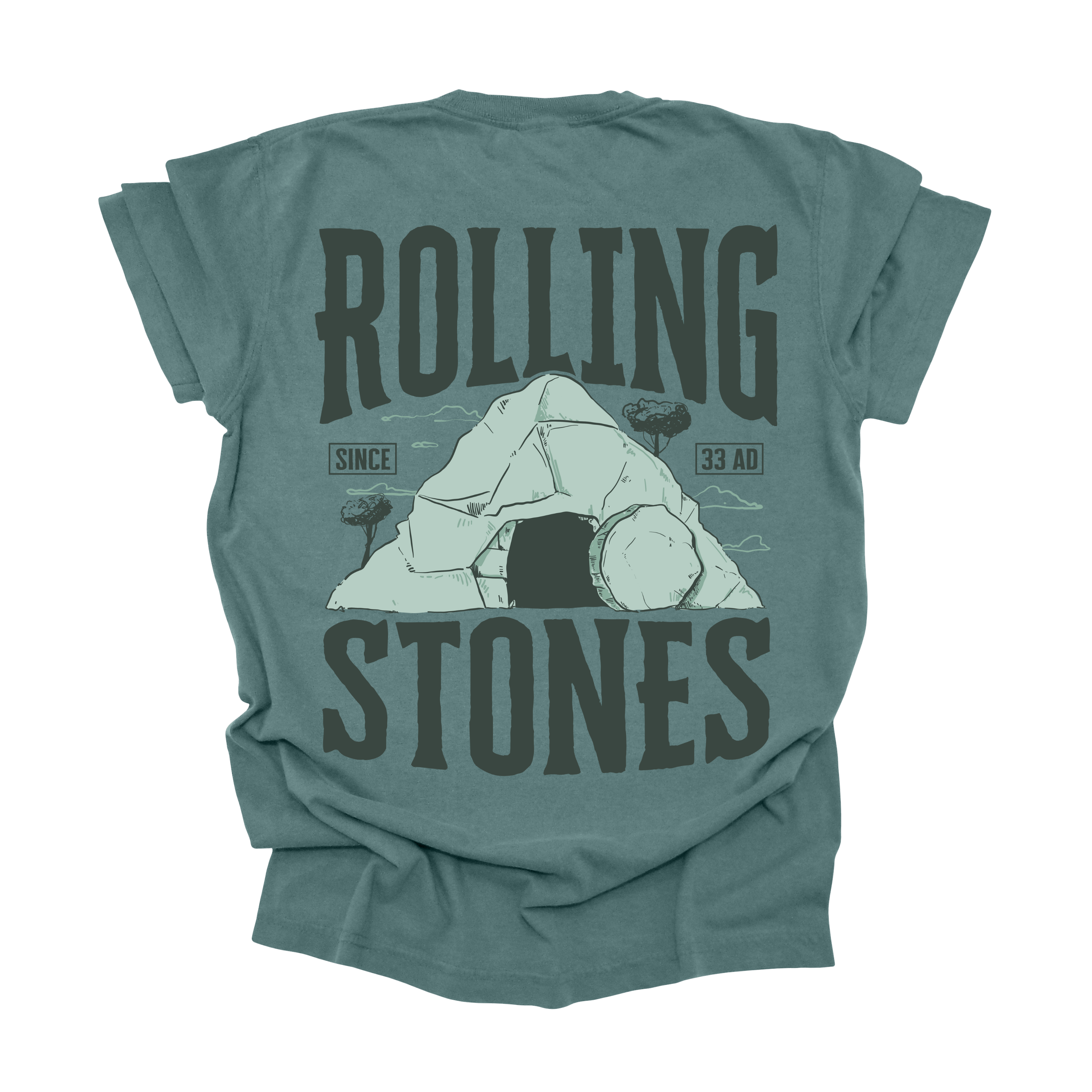 Rolling Stones Tee in Willow featuring "He Is Risen" on the front and "Rolling Stones Since 33 A.D." on the back, inspired by the resurrection of Jesus. Oversized, unisex fit on a soft, pre-shrunk cotton tee.