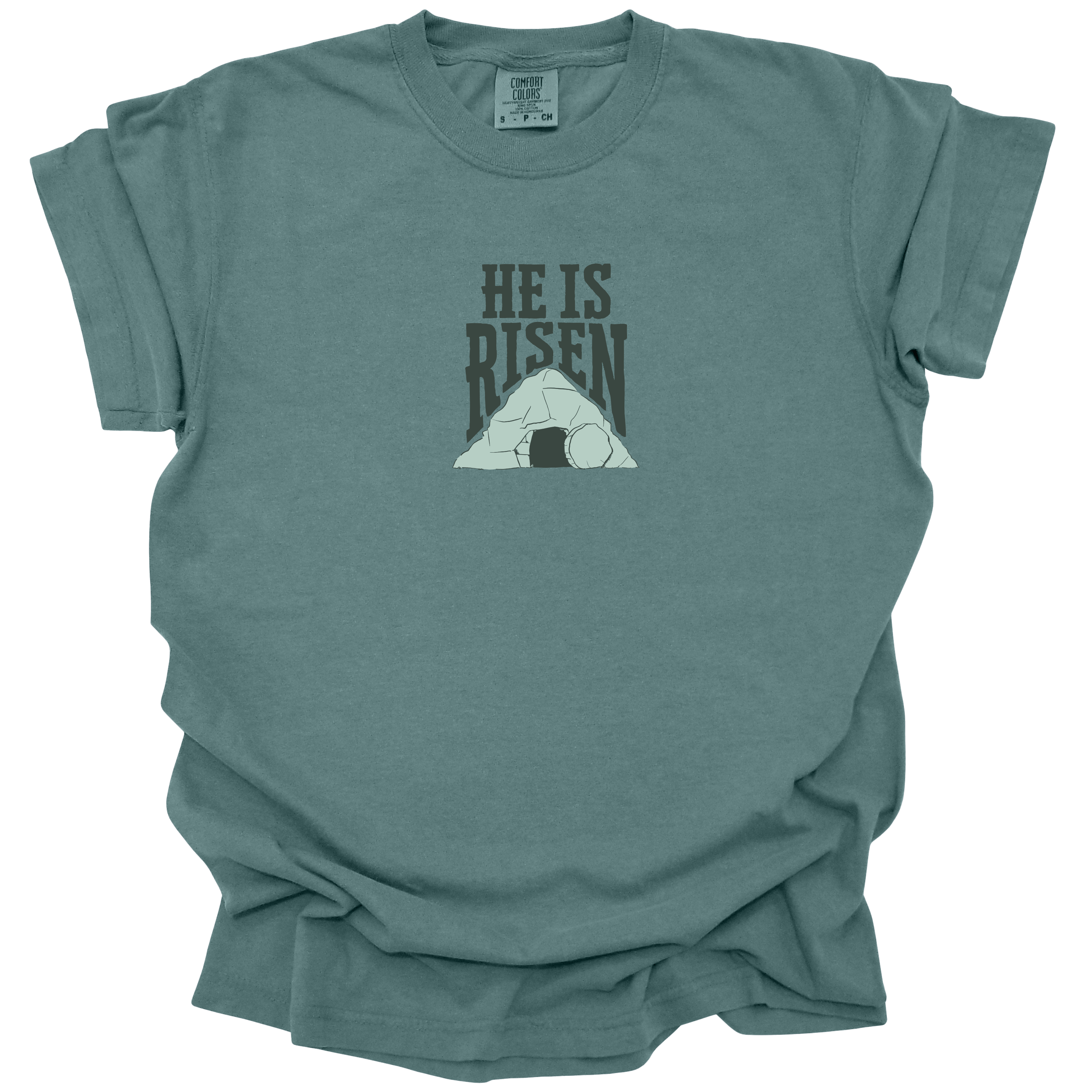 Rolling Stones Tee in Willow featuring "He Is Risen" on the front and "Rolling Stones Since 33 A.D." on the back, inspired by the resurrection of Jesus. Oversized, unisex fit on a soft, pre-shrunk cotton tee.