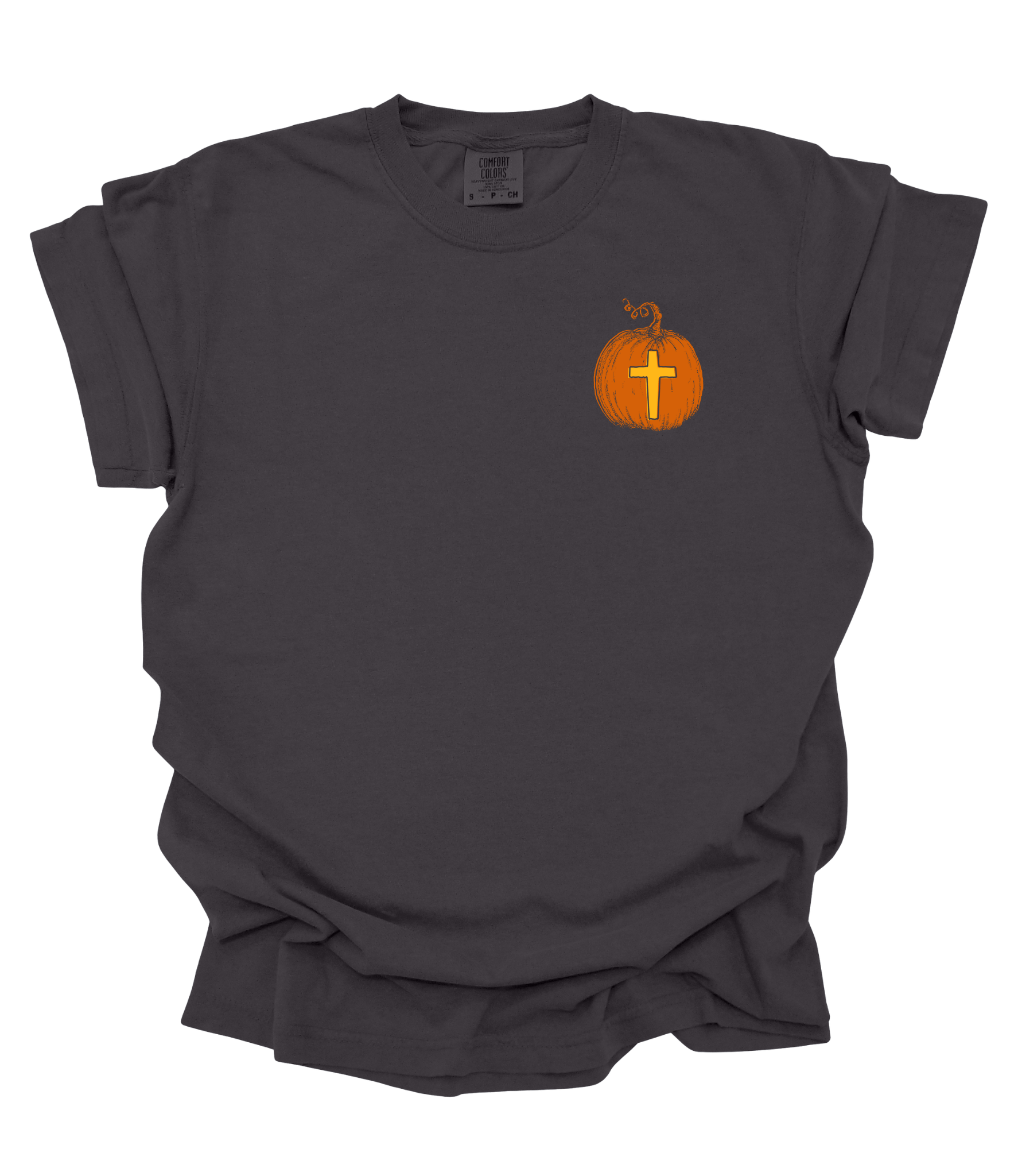 He Is the Light Christian Tee Front – Pumpkin with Cross Design