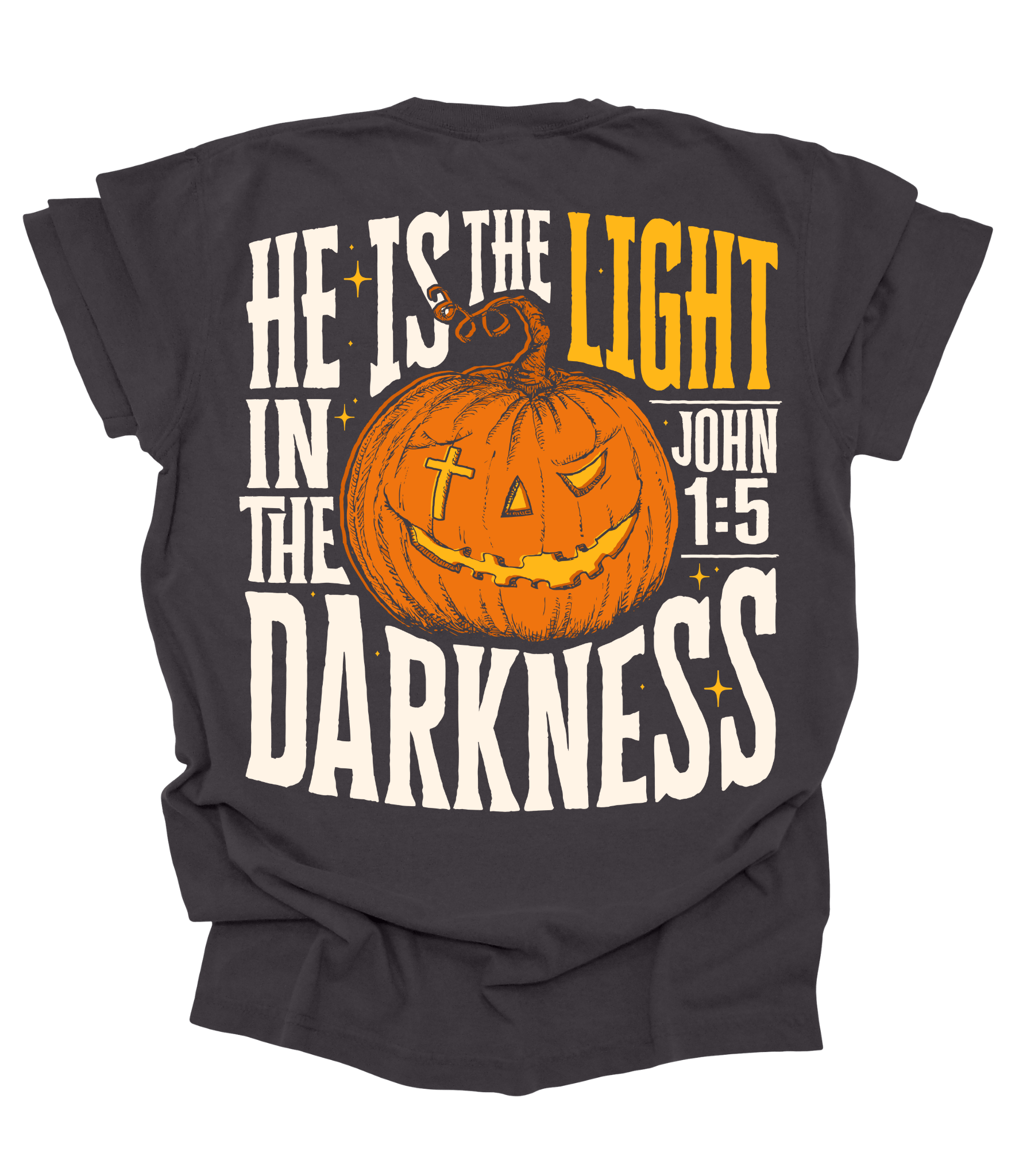 He Is the Light Christian Shirt Back – John 1:5 Pumpkin Graphic Gospel Conversation Starter