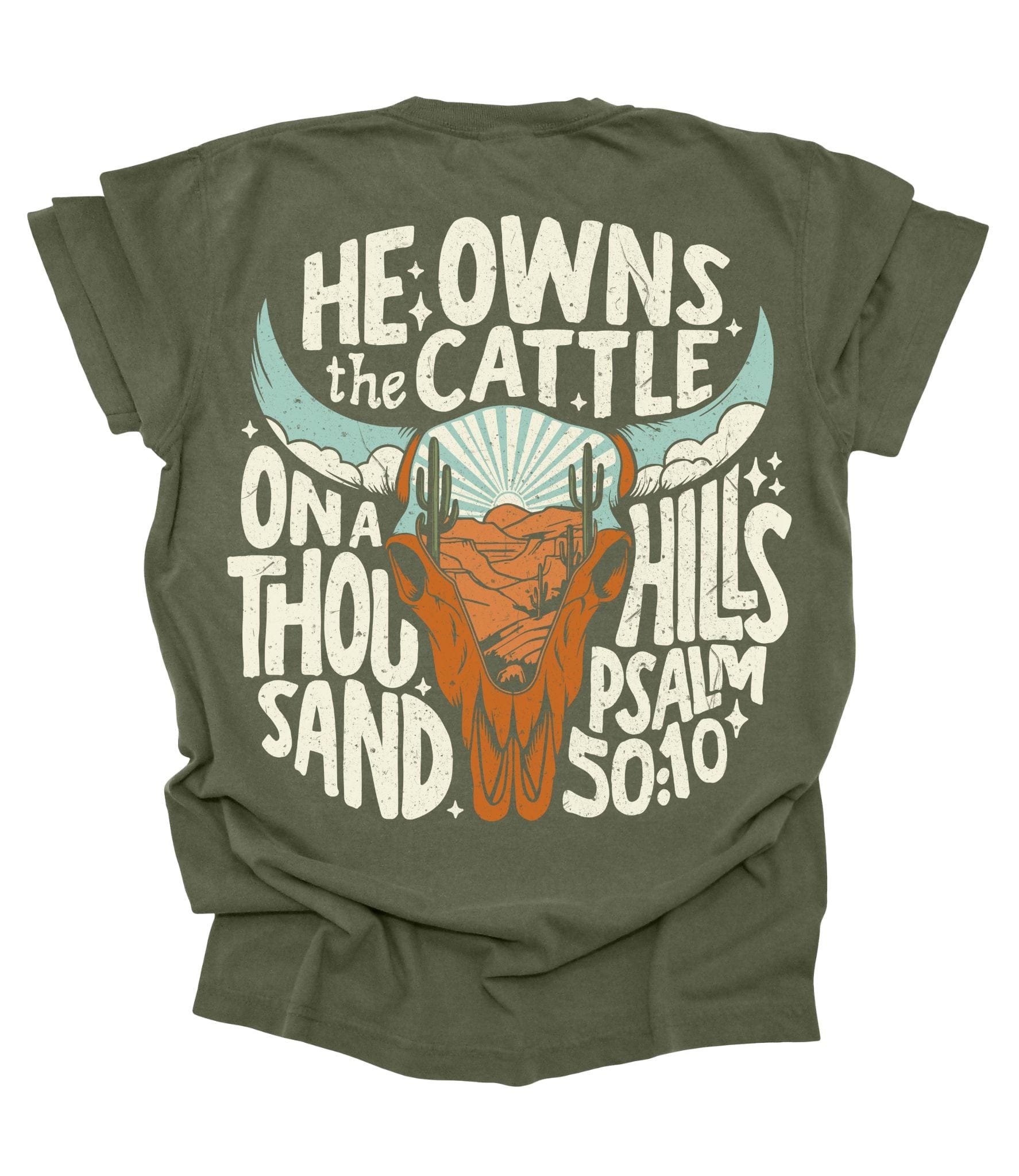 Green t-shirt with a graphic design and text on a white background