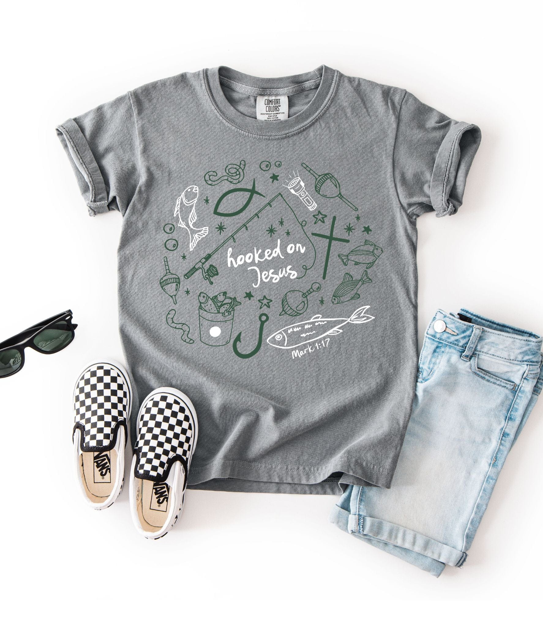 Unisex grey kids' T-shirt with "Hooked on Jesus" Mark 1:17 design by MADE BY YEN, casual apparel for children.