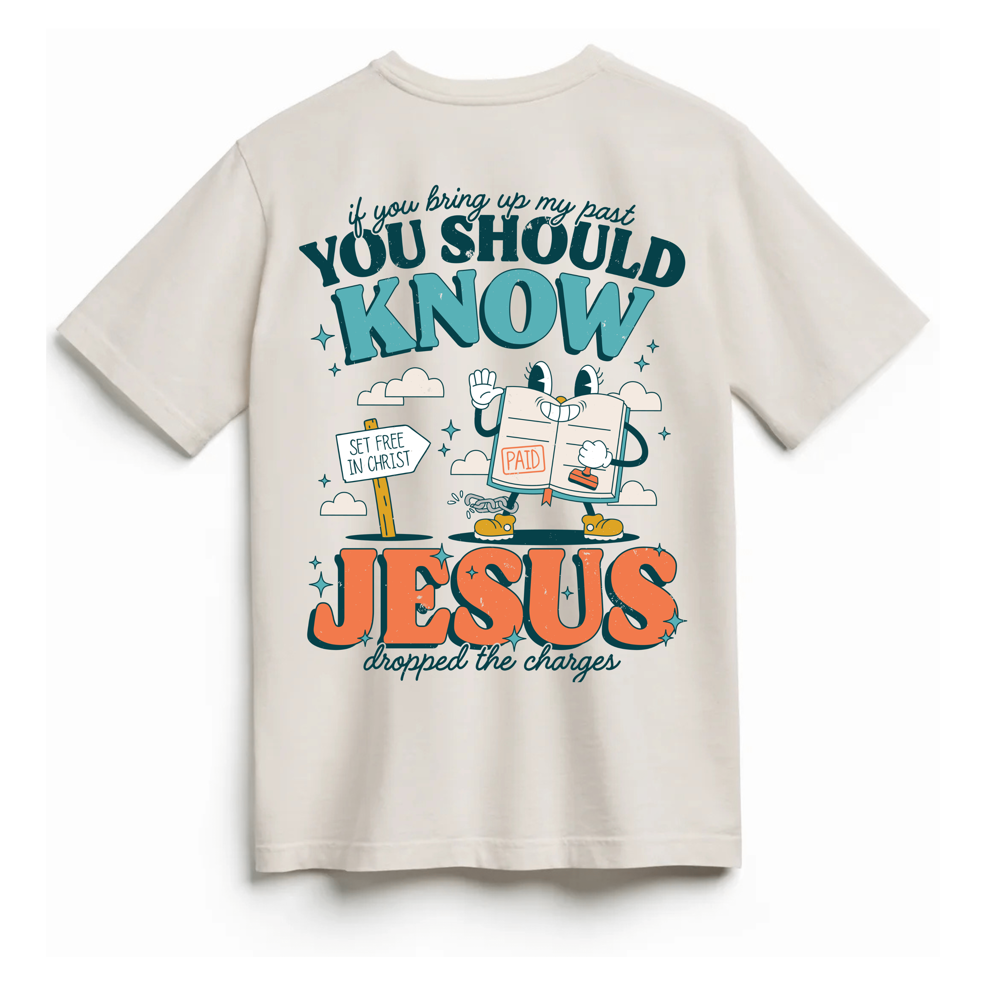Back view of a Christian t-shirt featuring a playful receipt character with ‘PAID’ and the message 'Jesus Dropped the Charges.