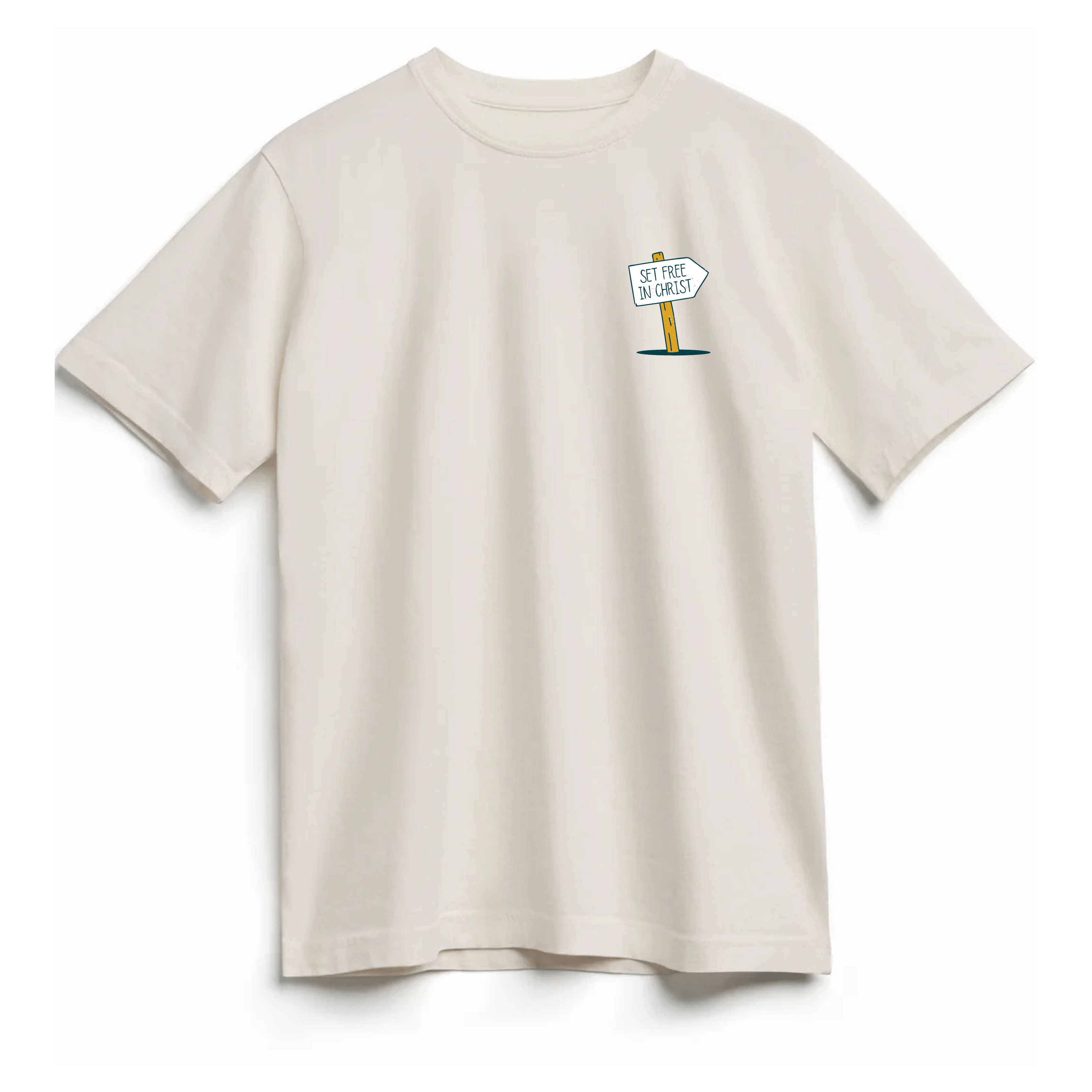 Front view of a natural-colored Christian t-shirt with a 'Set Free in Christ' sign on the chest."