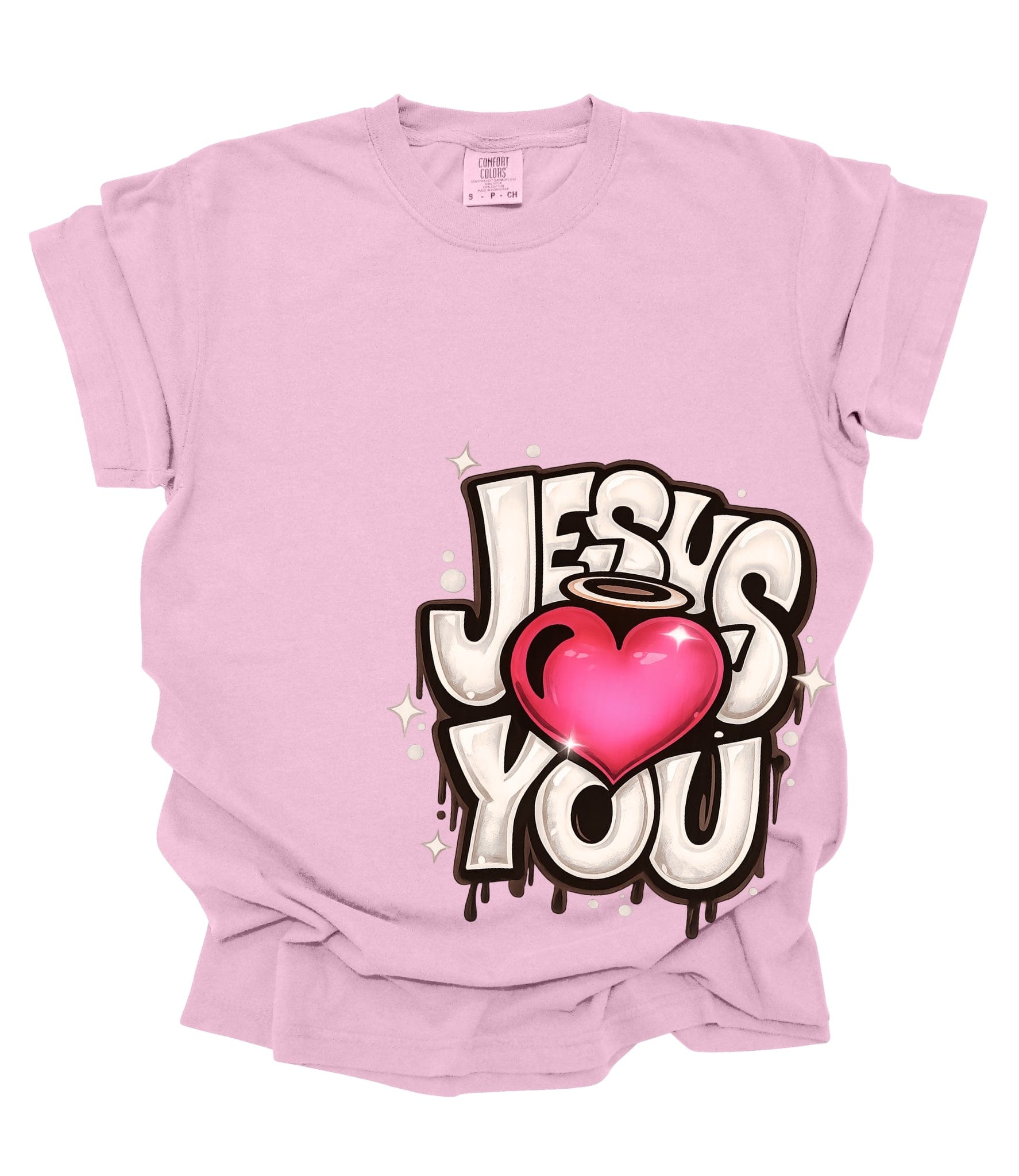 Pink adult Christian t-shirt with “Jesus Loves You” heart design, faith-based graphic tee by Made by Yen
