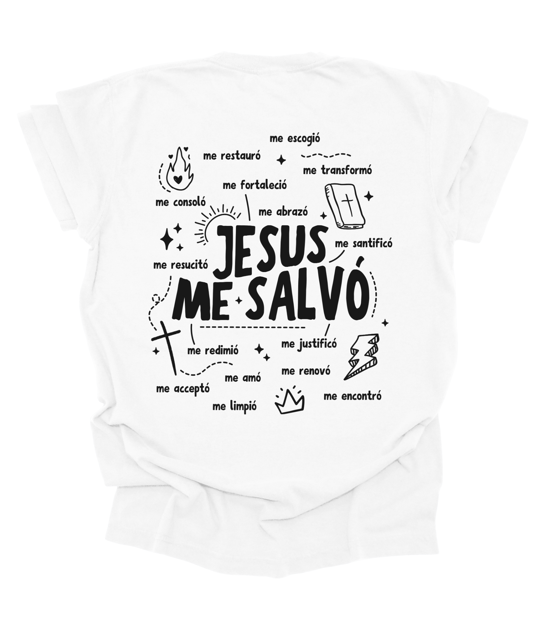 White t-shirt with black text and graphics on a white background