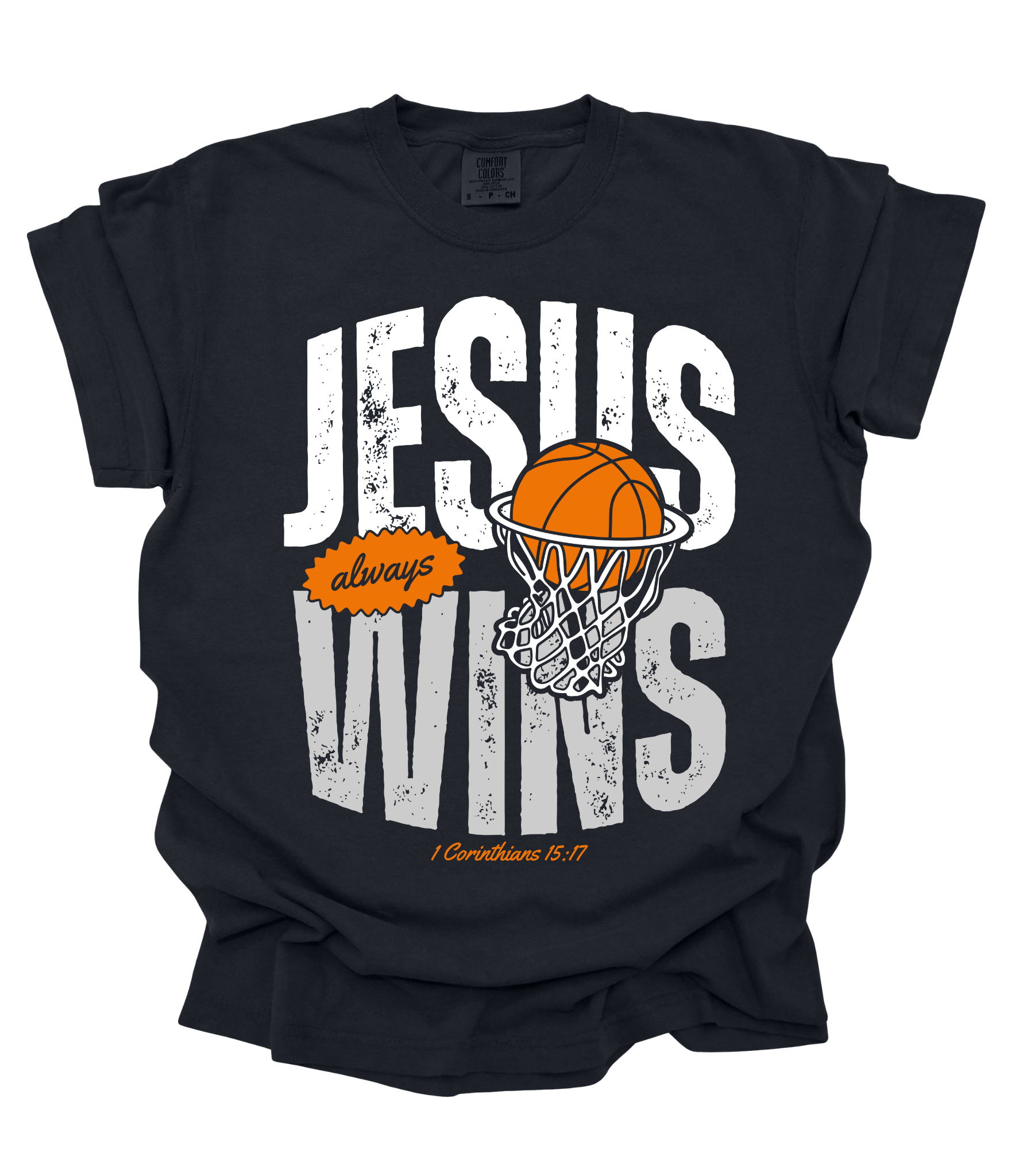 Jesus Always Wins Christian Tee – Basketball Hoop Graphic – Black