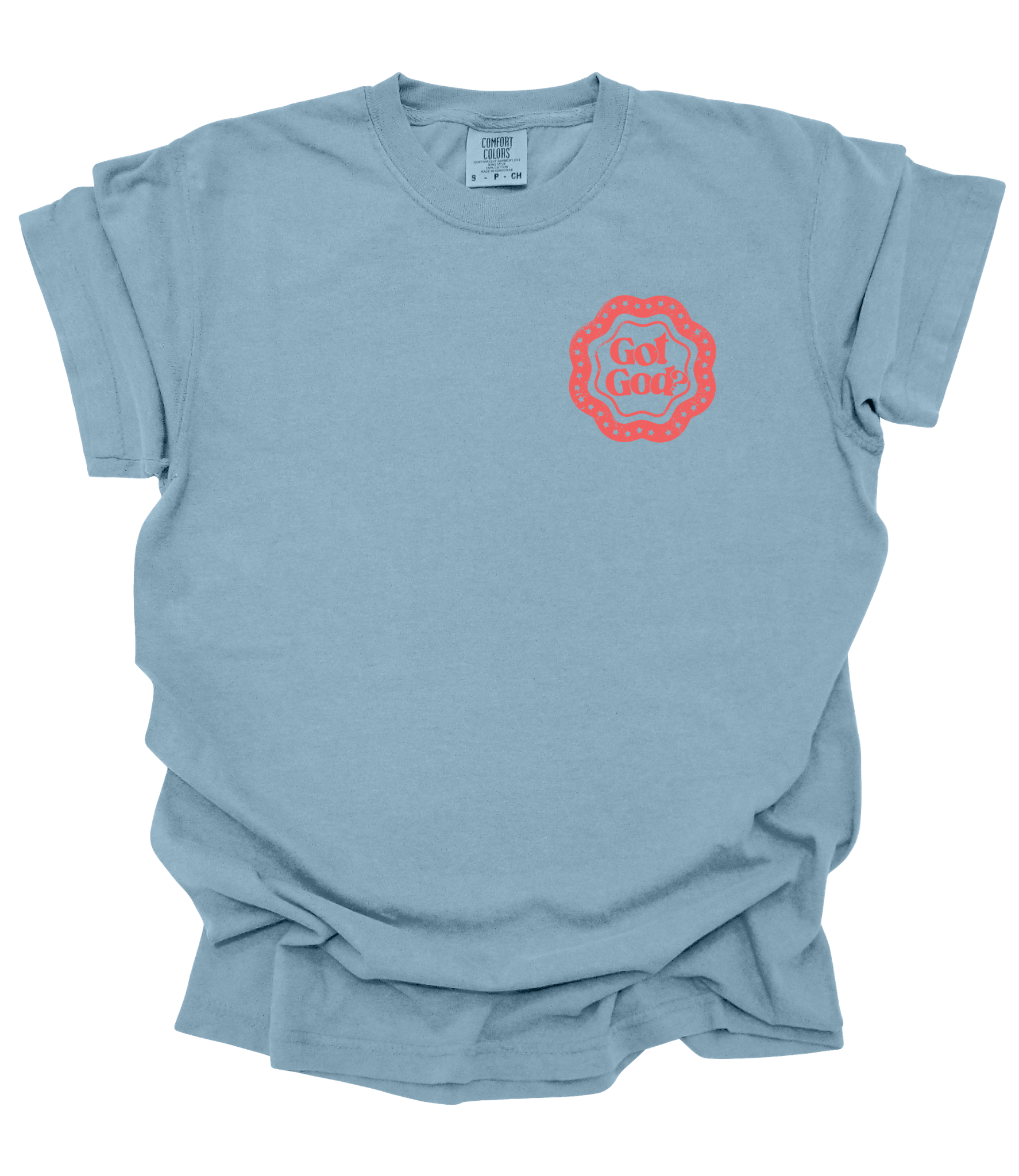 A light blue short-sleeve t-shirt with a red scalloped circular graphic on the left chest that reads 'Go Go Girl'. The shirt is laid flat against a white background.