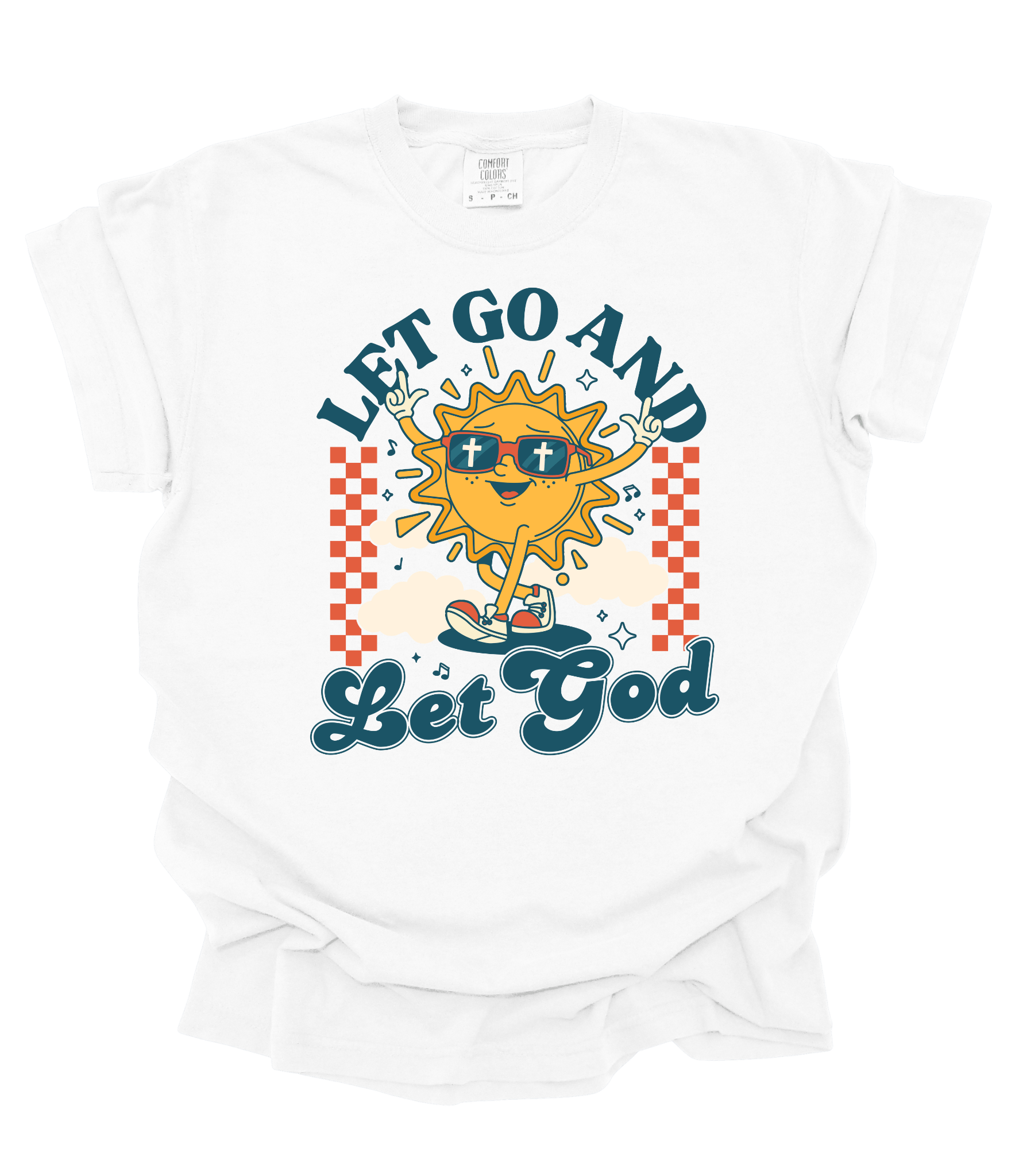 White t-shirt with a sun graphic and 'Let Go and Let God' text on a white background