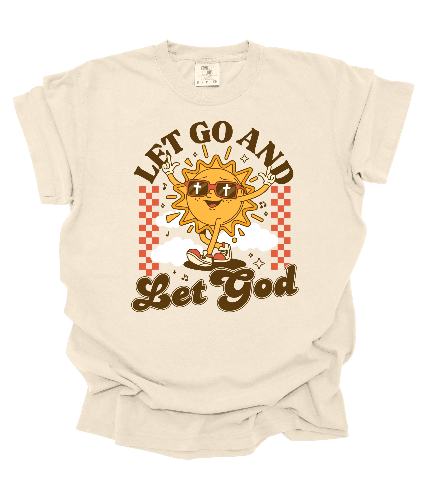 Beige t-shirt with a sun graphic and 'Let Go and Let God' text on a white background