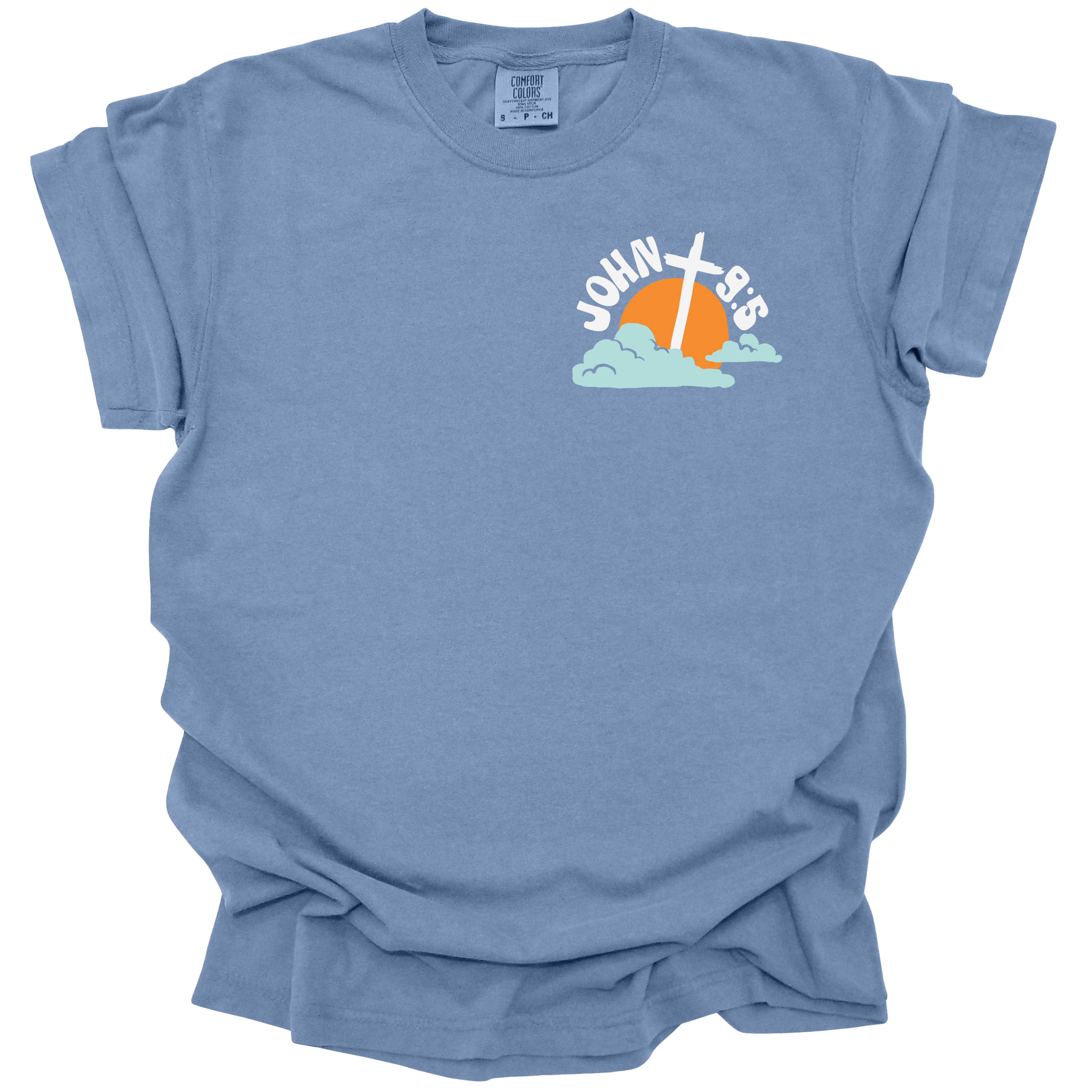 Washed Denim t-shirt with a small sunrise and cross graphic, featuring the text "John 9:5" in white and orange.