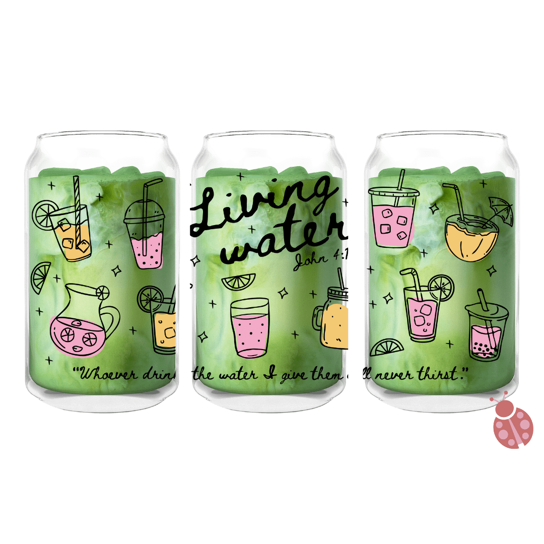 16 oz glass can featuring colorful drink doodles and the verse John 4:14, "Whoever drinks the water I give them will never thirst