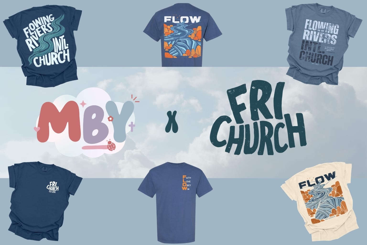 Collection of t-shirts with 'FLOW' and 'FRI CHURCH' branding on a light blue background.