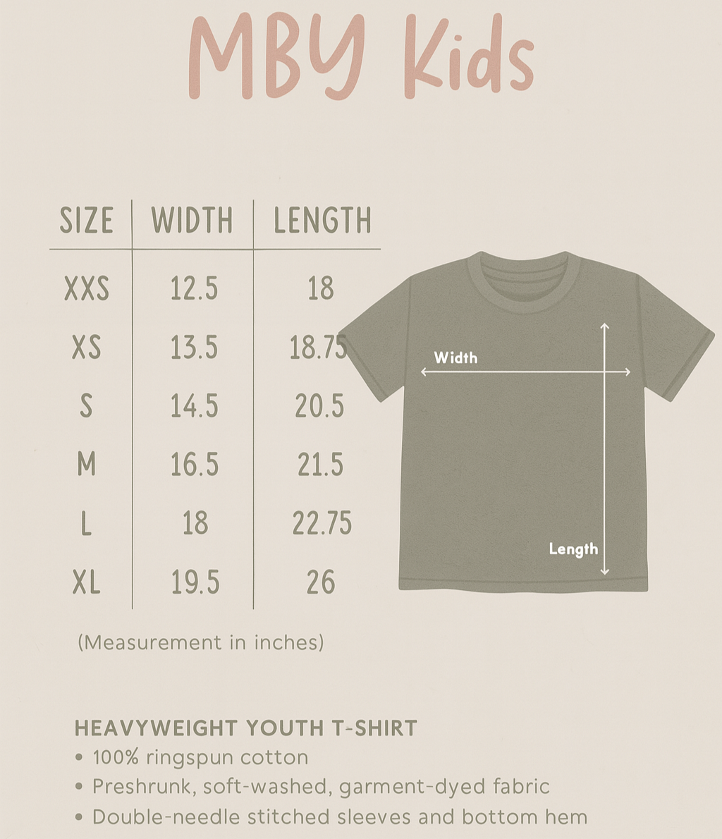 MBY Kids t-shirt size chart with dimensions on a beige background