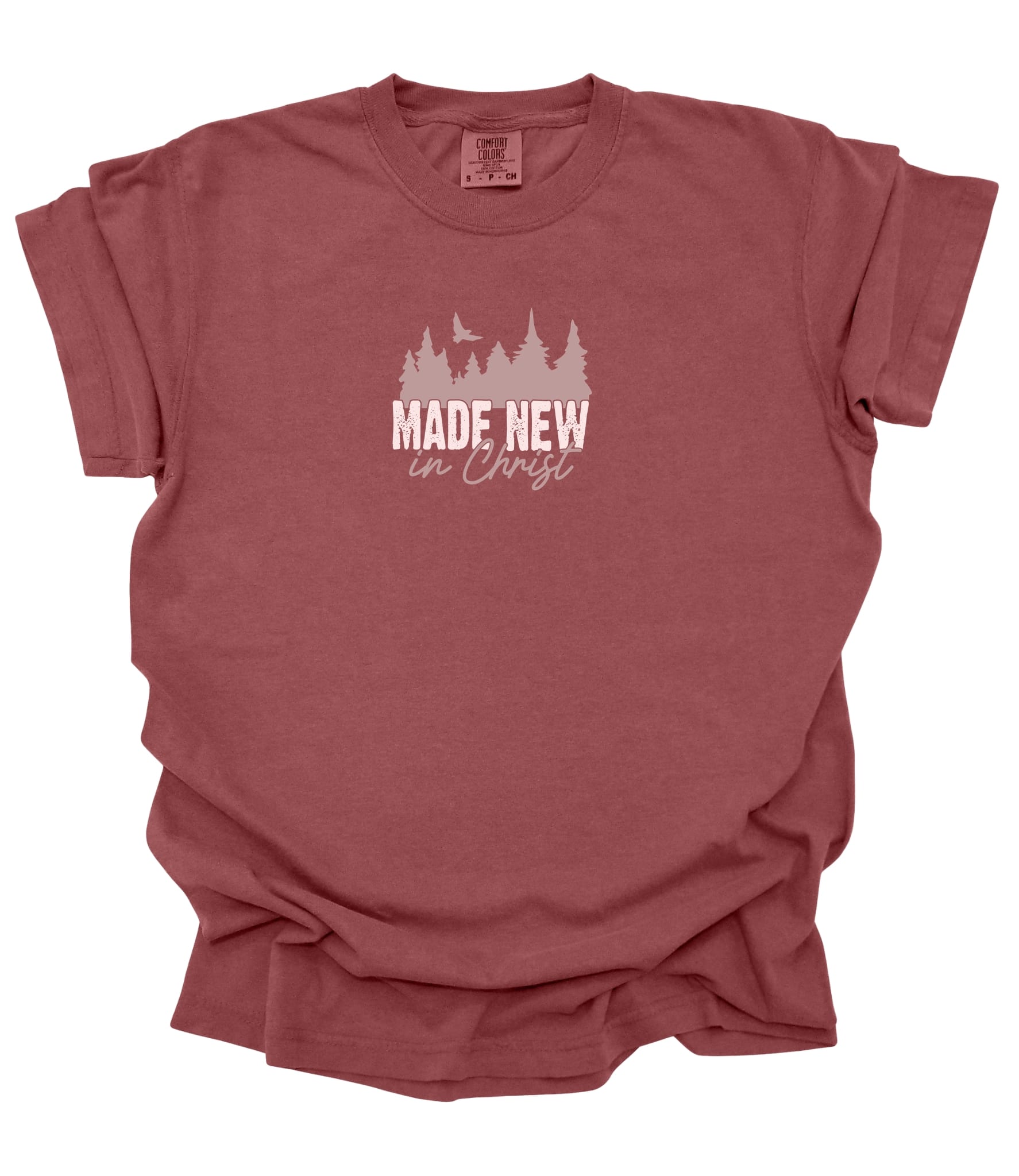 Made New in Christ unisex T-shirt by MADE BY YEN featuring 2 Corinthians 5:17 on the front, casual Christian apparel.