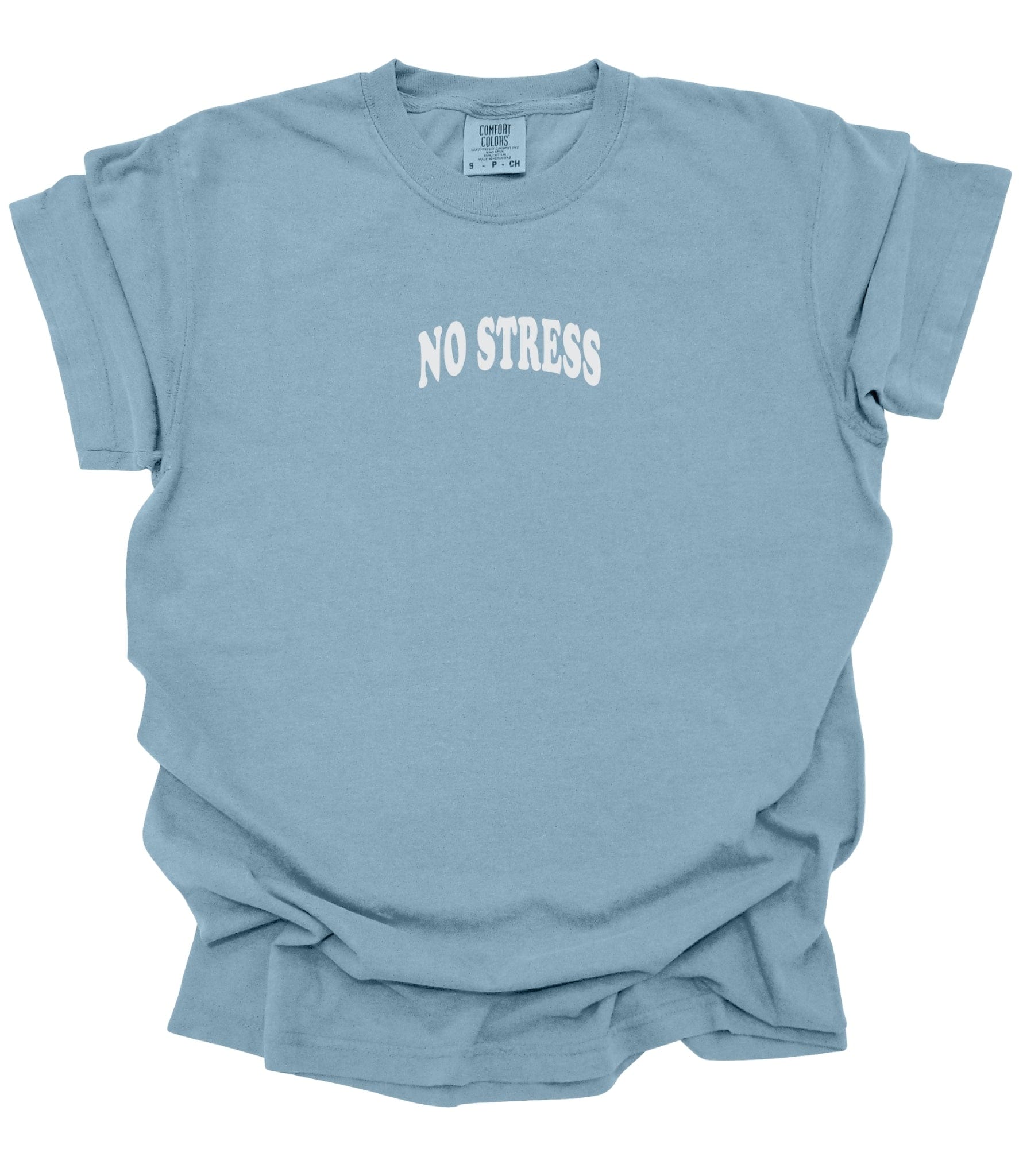 Faith-based Christian graphic tee with “No Stress” front text and bold prayer silhouette back design featuring encouraging scripture-inspired phrases on black, ivory, and ice blue shirts.
